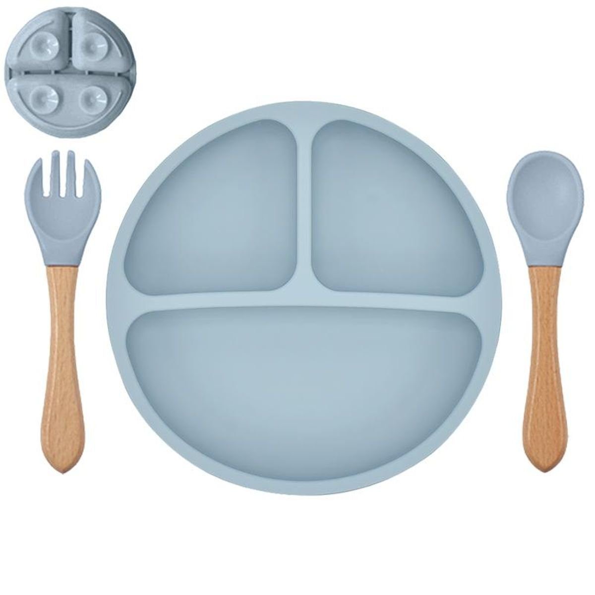 König Design Kindergeschirr-Set Babyteller Kinderteller mit Saugnapf Teller mit Löffel Gabel, 1 Personen, Silikon BPA Frei Baby Tischset für Baby und Kinder