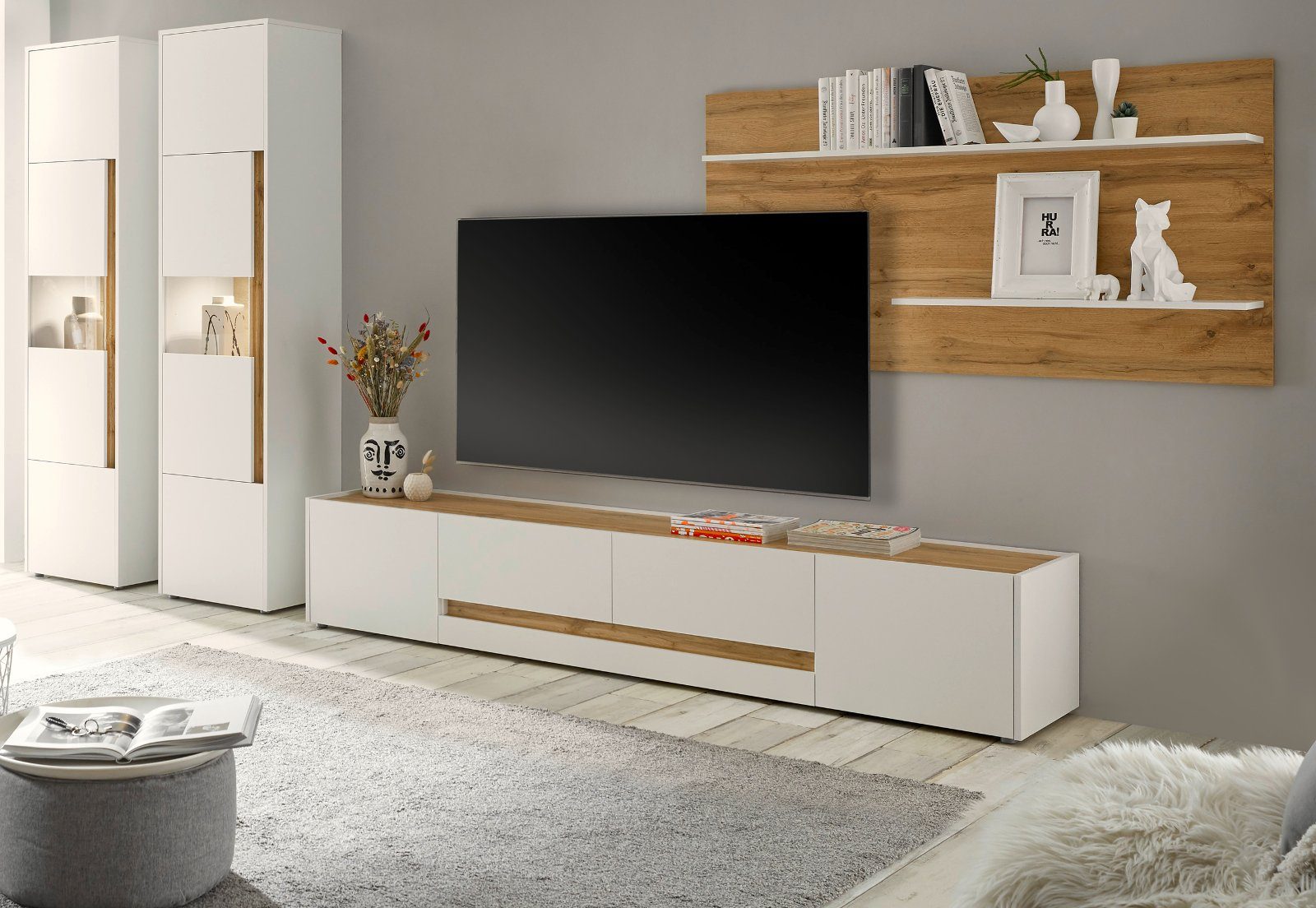 Furn.Design Wohnwand 400 und 197 Set Wotan Center, (Wohnzimmer x weiß 5-teilig Eiche, auch cm), Flat-TV für große