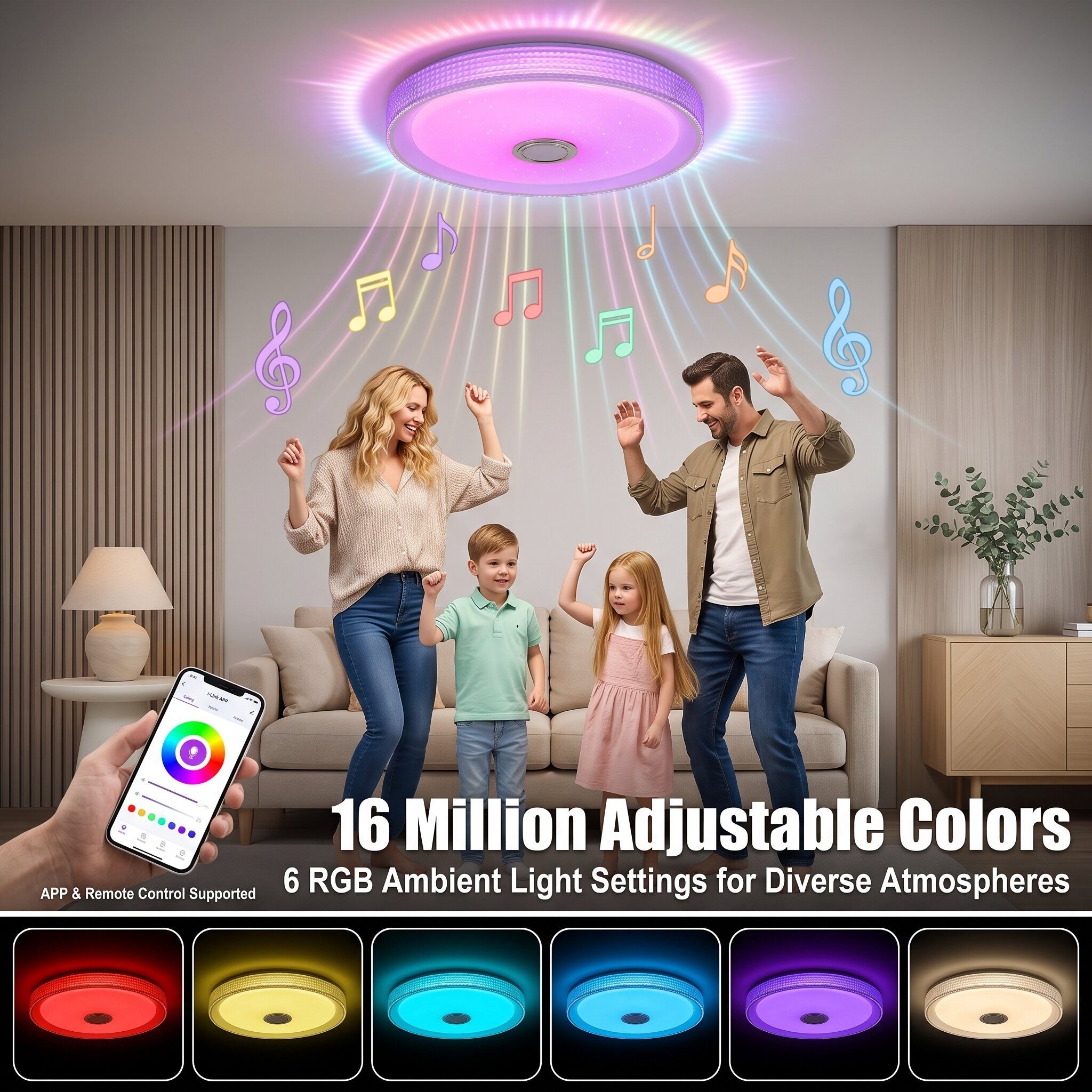 oyajia Deckenleuchte 55W LED Deckenlampe mit Bluetooth Lautsprecher, RGB Fernbedienung APP, LED fest integriert, Kaltweiß+Naturweiß+Warmweiß+RGB, mit RGB Farbwechsel für Schlafzimmer Wohnzimmer Kinderzimmer Hotel
