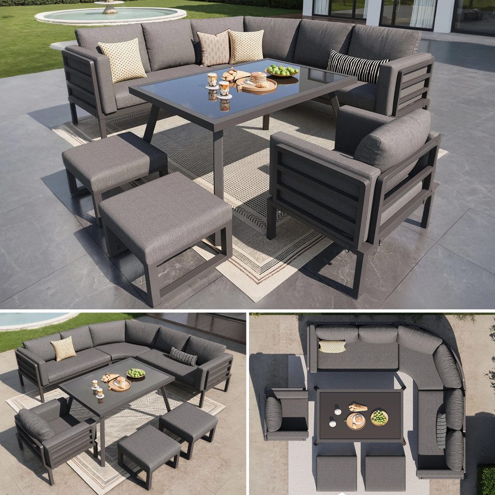 BBWL Gartenlounge-Set Halbmond Gartensofa Set für 8 Personen aus Eisen mit grauen Polstern, wetterfeste Loungemöbel mit Glastisch, Sessel & Hockern