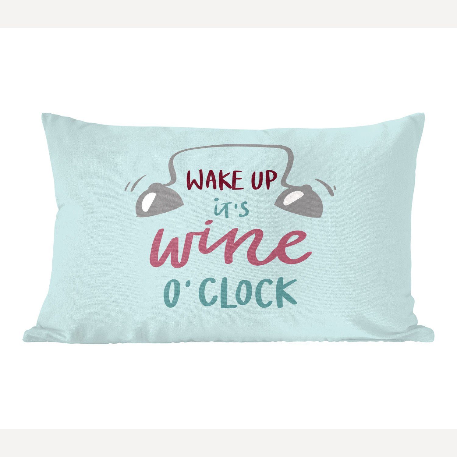 MuchoWow Dekokissen Zitat "Wake up, it's wine o'clock" auf hellblauem Hintergrund, Wohzimmer Dekoration, Zierkissen, Dekokissen mit Füllung, Schlafzimmer