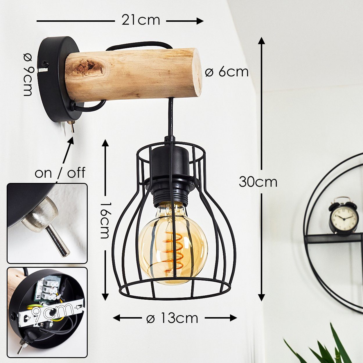 hofstein Wandleuchte »Aprica« Wandlampe aus Metall/Holz in Schwarz/Natur, ohne Leuchtmittel, E27, moderner Wandspot in Gitter-Optik m. An-/ Ausschalter am Gehäuse