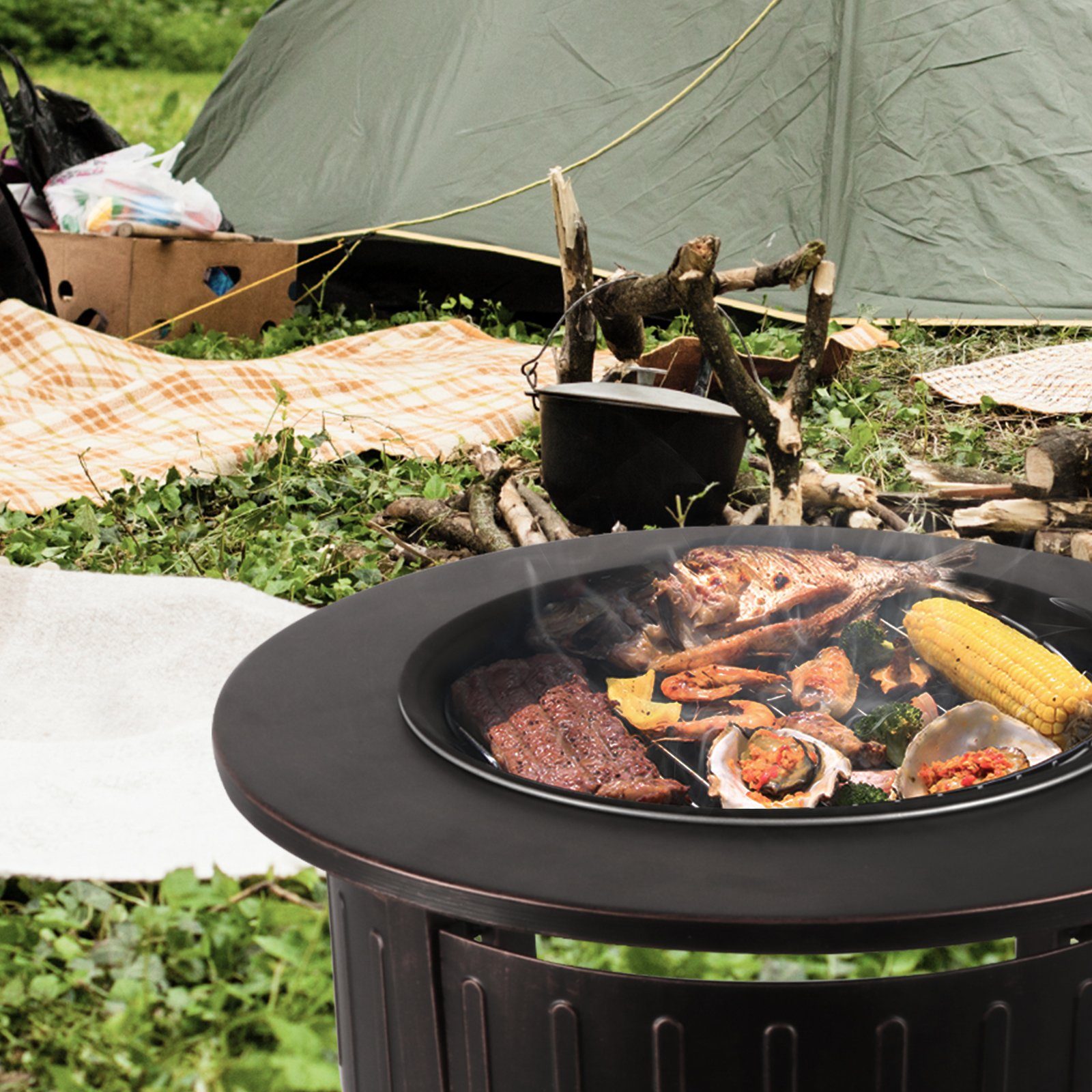 BIGTREE Feuerschale 3 in1 Feuerschalenfür,mit Funkenschutz Grillrost, BBQ