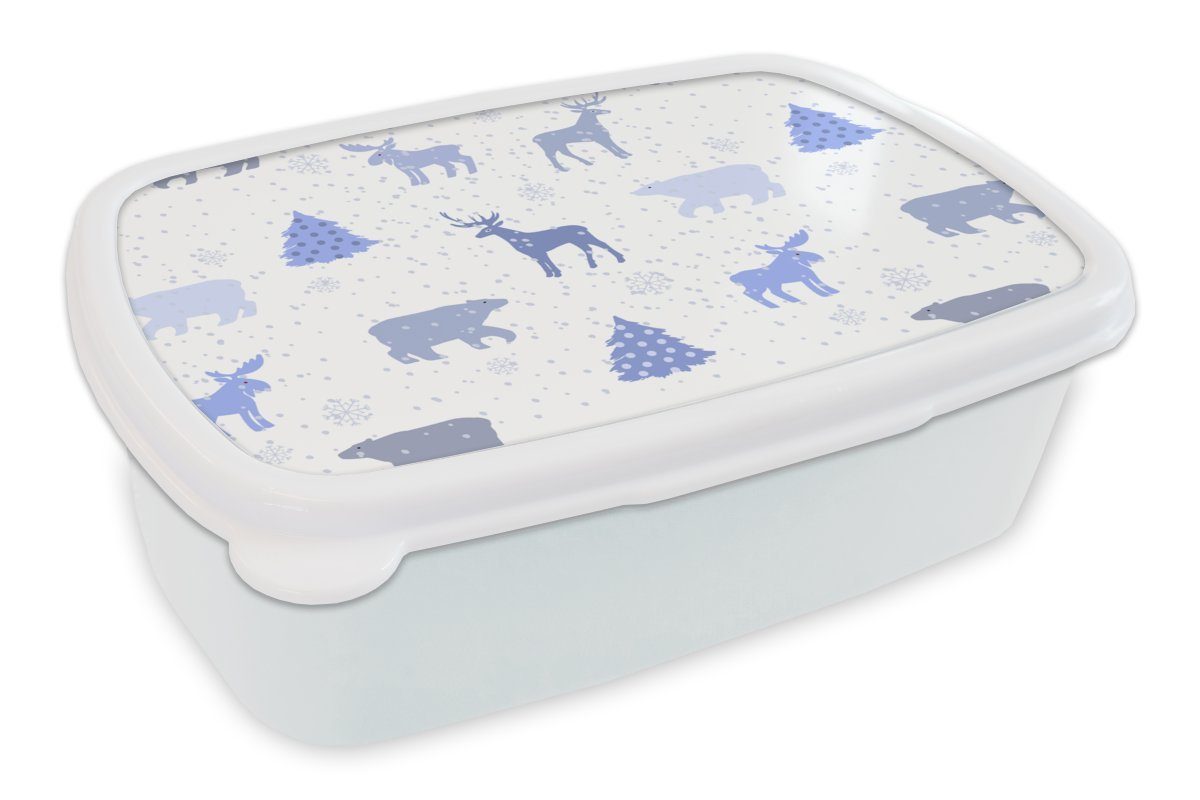 MuchoWow Lunchbox Hirsche - Muster - Schnee, Kunststoff, (2-tlg), Brotbox für Kinder und Erwachsene, Brotdose, für Jungs und Mädchen weiß