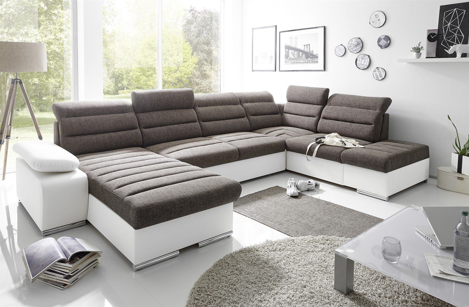 Fun Möbel Ecksofa Couchgarnitur PESCARA Stoff mit Schlaffunktion Ottomane Re / Li, U-Form, mit Bettkasten