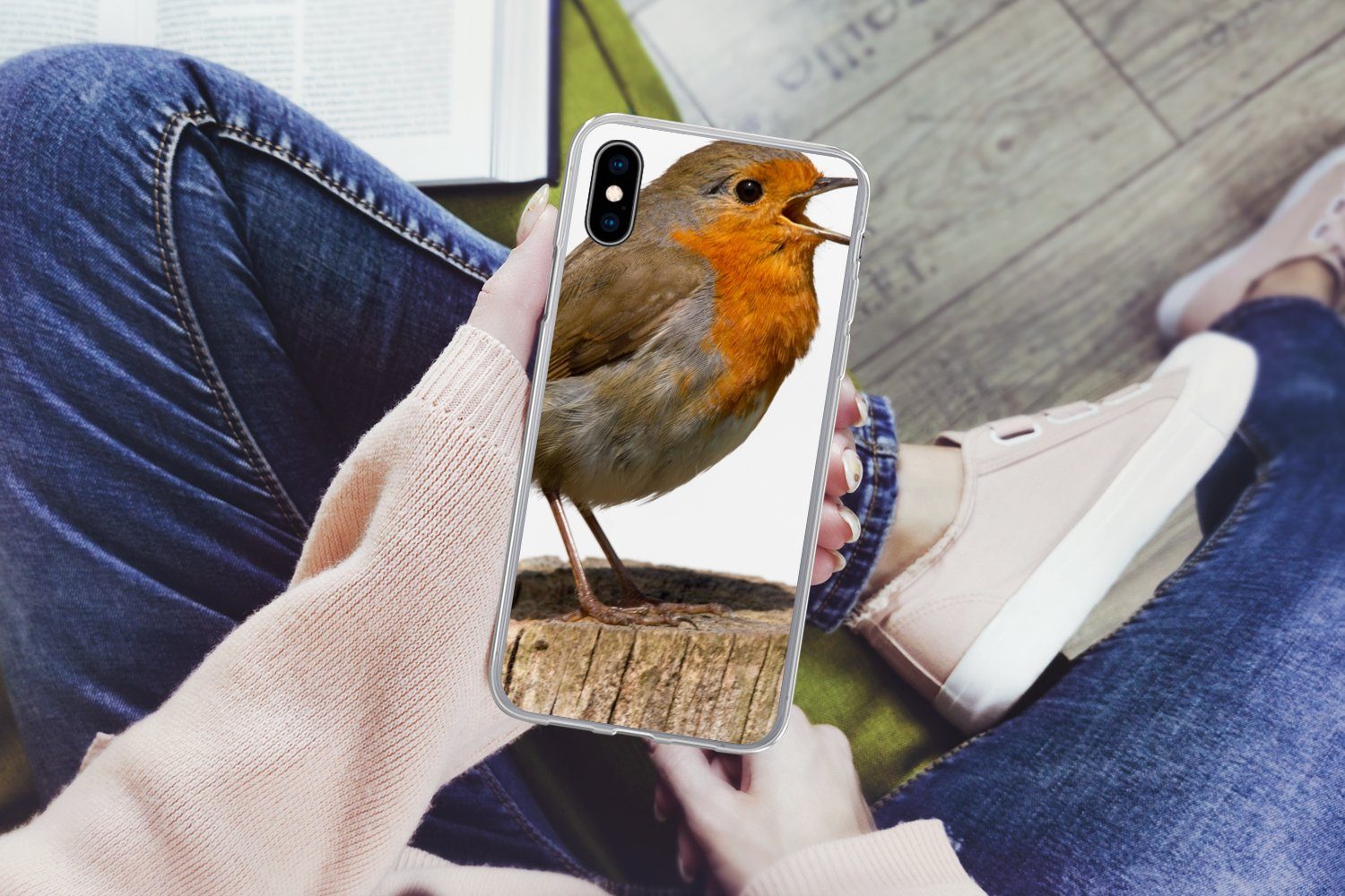 MuchoWow Handyhülle für Apple iPhone X Rotkehlchen - Vogel - Holz, Smartphone-Bumper, Print, Handy Schutzhülle Dünn