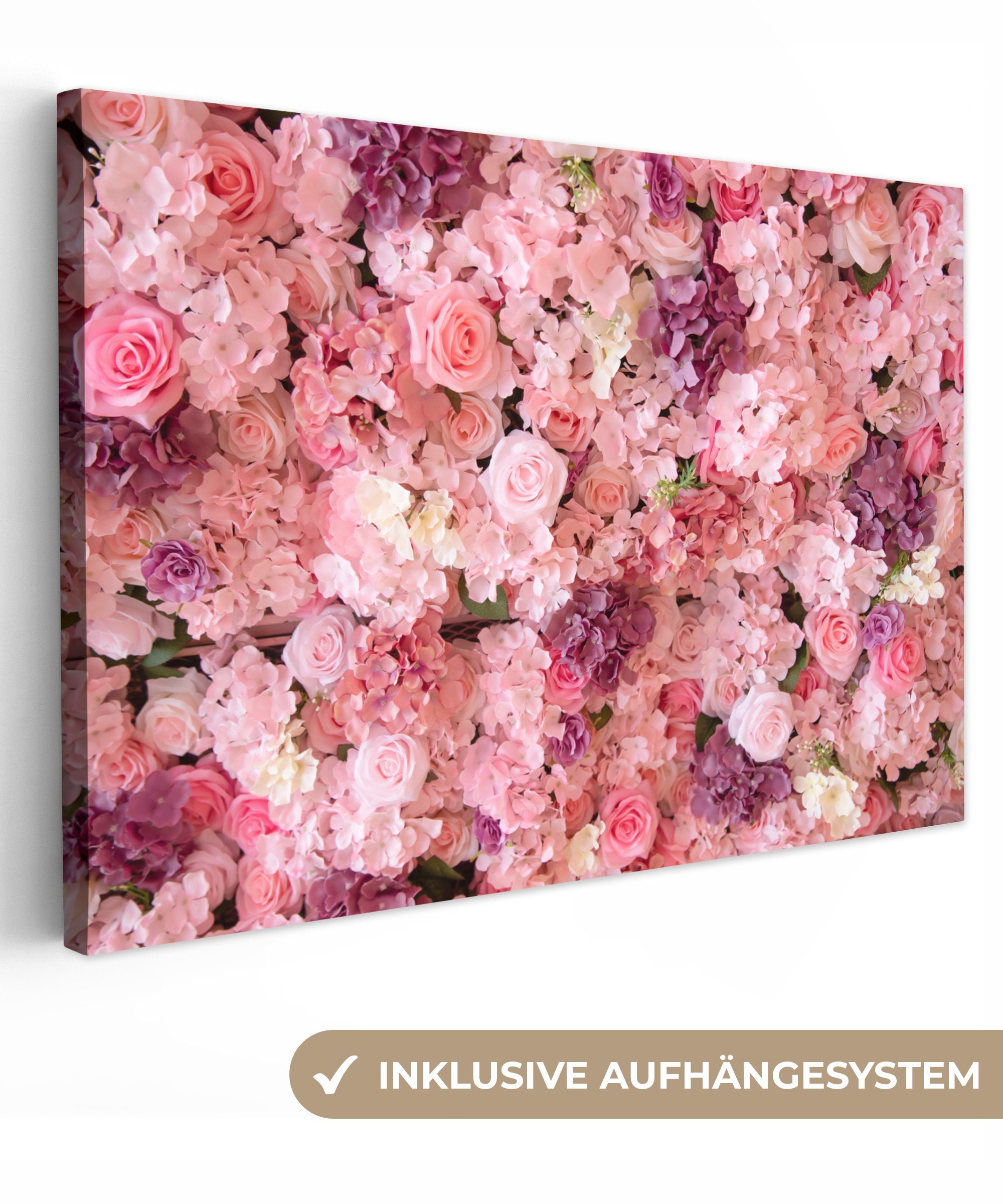 OneMillionCanvasses® Leinwandbild Blumen - Rosa - Rosen, (1 St), Wandbild für alle Wohnbereiche, Gemälde, XXL, großes, 120x80 cm