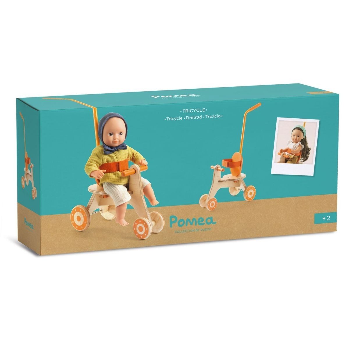 DJECO Puppen Fahrzeug Pomea Mini-Dreirad für Puppen 30–36 cm mit Sicherheitsgurt ab 2 Jahren