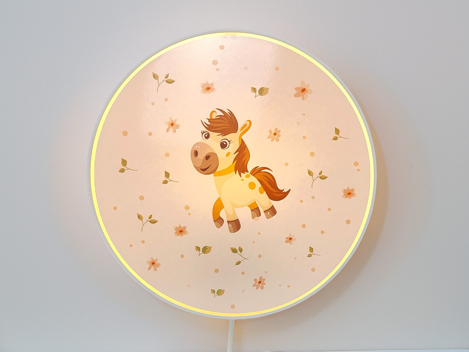 niermann LED Wandleuchte für Kinder mit Schalter & Stecker Ø 25cm, dimmbar, LED wechselbar, Warmweiß, innen Wandlampe mit Kabel & E14 LED, Ponymotiv Wand Nachttischlampe