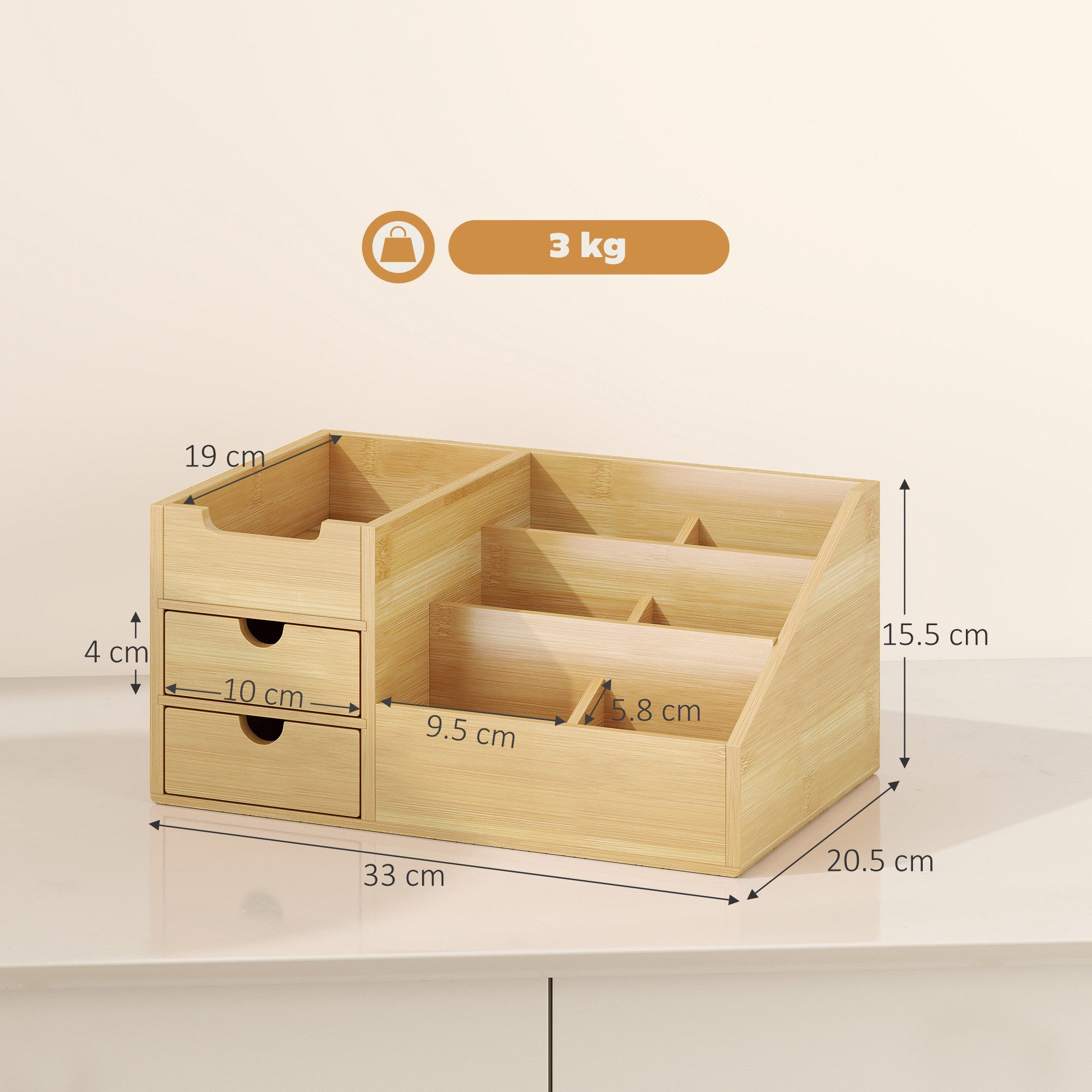 HOMCOM Organizer Schreibtischorganizer Aufbewahrungsbox 2 Schubladen Natur (Schreibtischorganizer, 1 St., 2 Schublade), Naturholz 33 x 20,5 x 15,5 cm – Bild 3 von 5