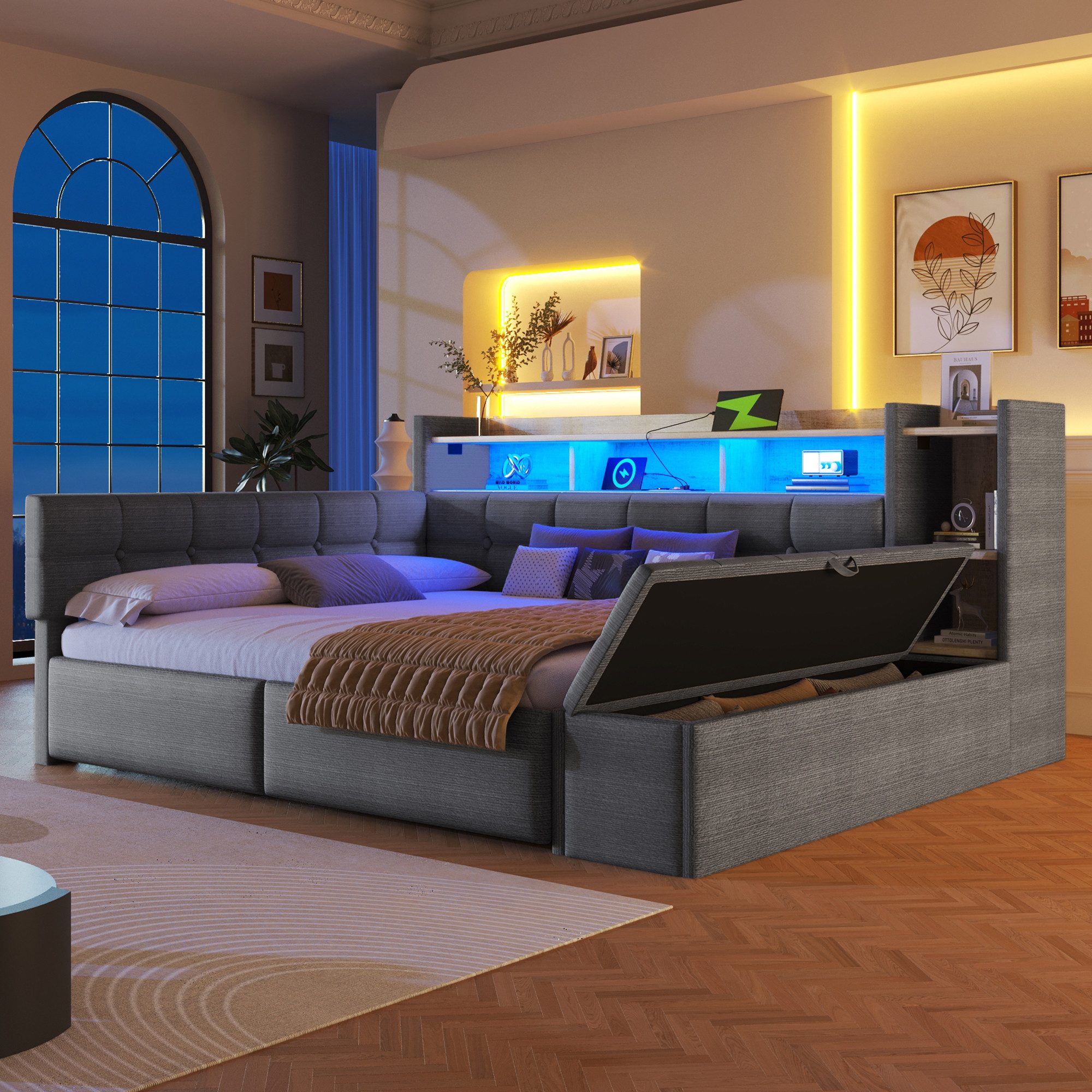 Merax Daybett mit LED Lichtleiste, USB & Typ-C, Samt (Schlafsofa Sofabett Jugendbett Kinderbett, 1 tlg), Tagesbett 140x190cm mit Schubladen,Ablagefach,Stauraumbank am Fußende