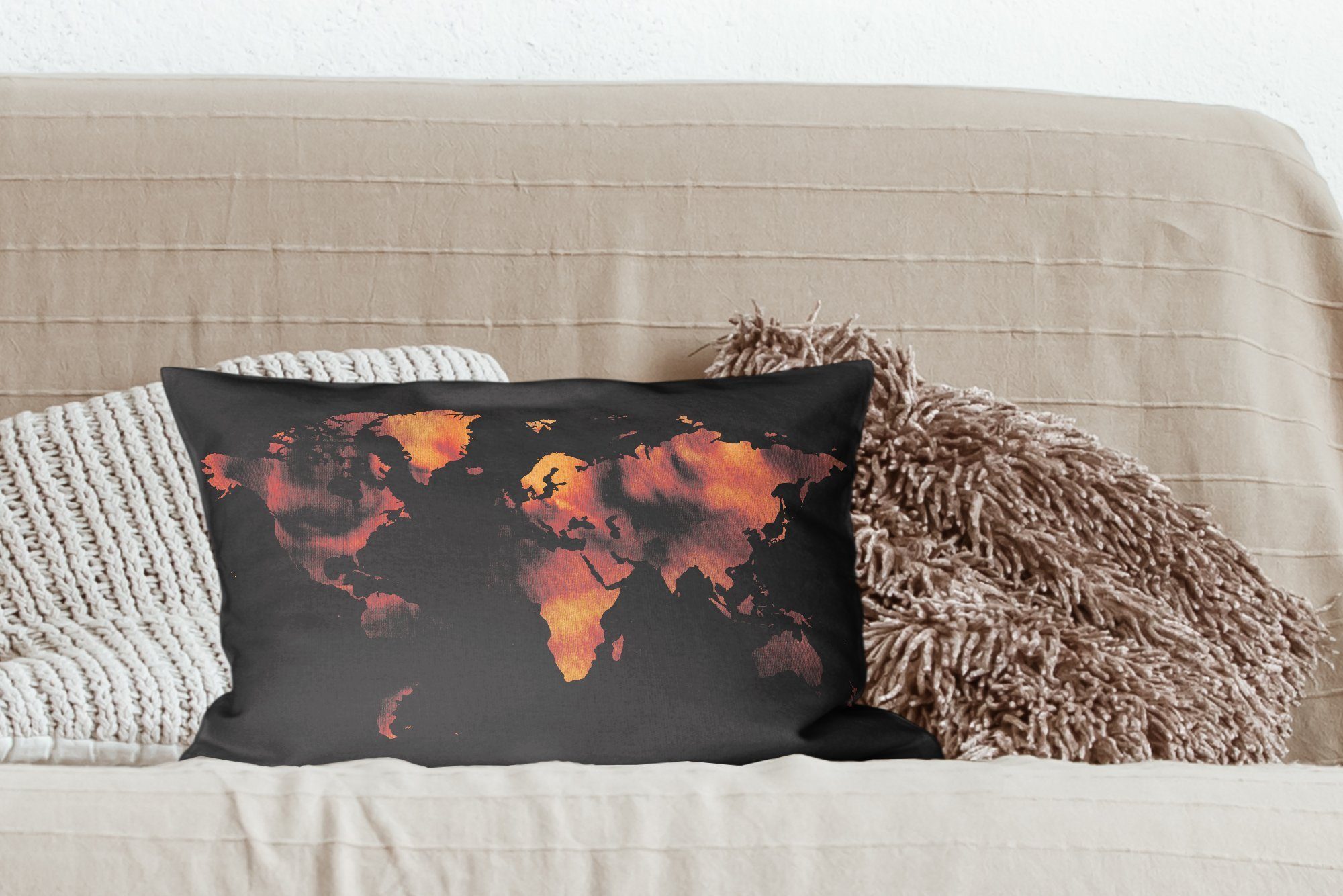 Füllung, Dekokissen Schlafzimmer - Wohzimmer Schwarz mit Weltkarte - Bronze, Dekoration, Zierkissen, Dekokissen MuchoWow