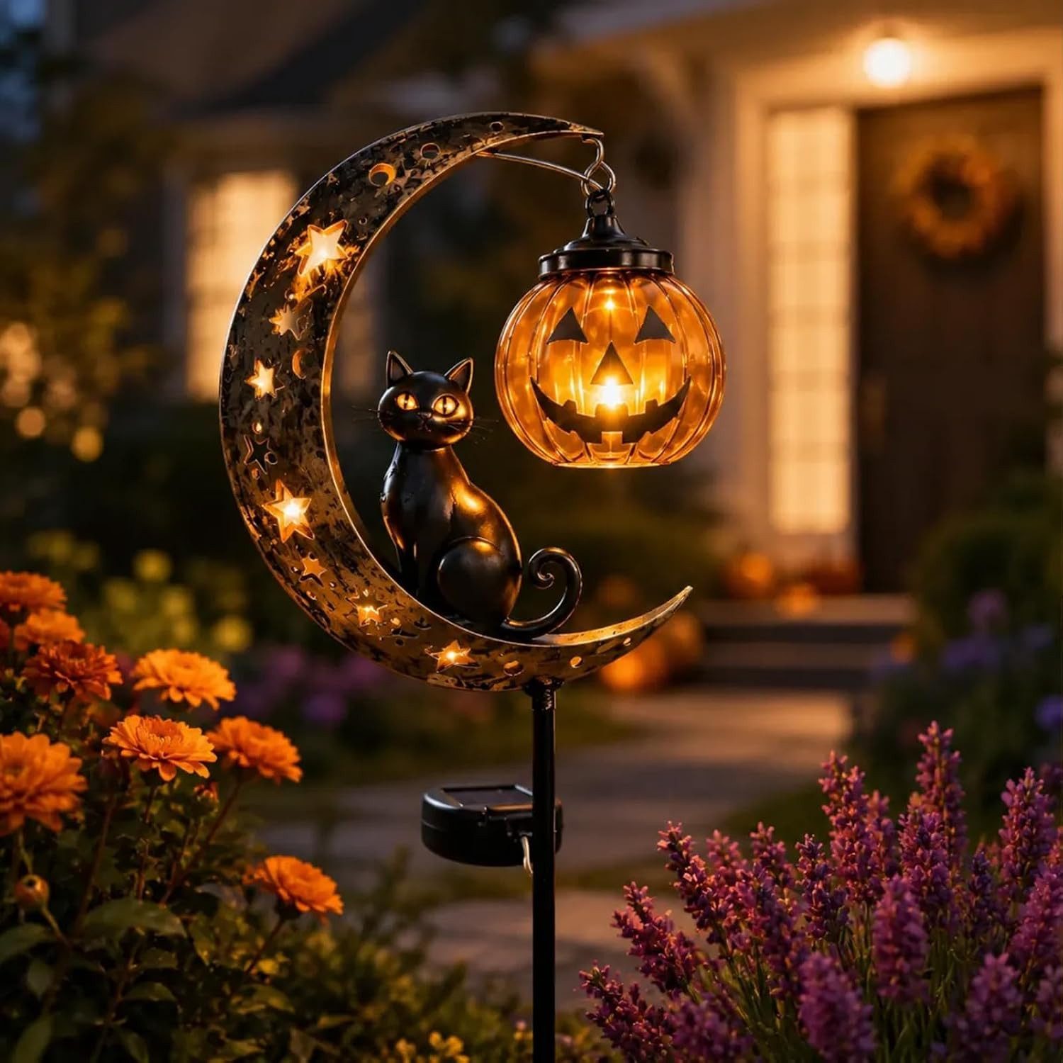nsihing Gartenleuchte Solar Halloween-Schwarze Katze & Kürbis-Mond Gartensteckleuchte – Bild 2 von 5