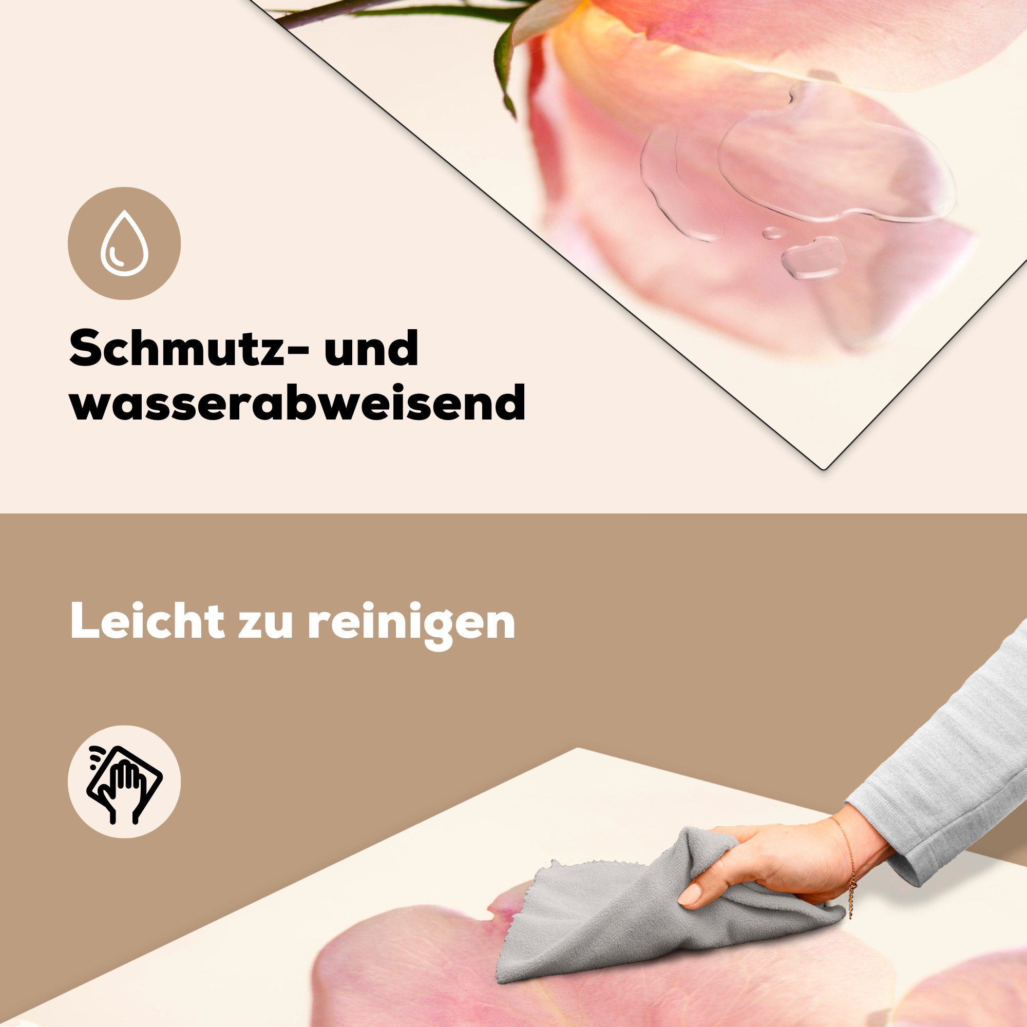 MuchoWow Herdblende-/Abdeckplatte Eine noch küche und weißem für (1 Arbeitsplatte cm, Ceranfeldabdeckung, junge empfindliche Vinyl, rosa 78x78 tlg), Rose mit Hintergrund