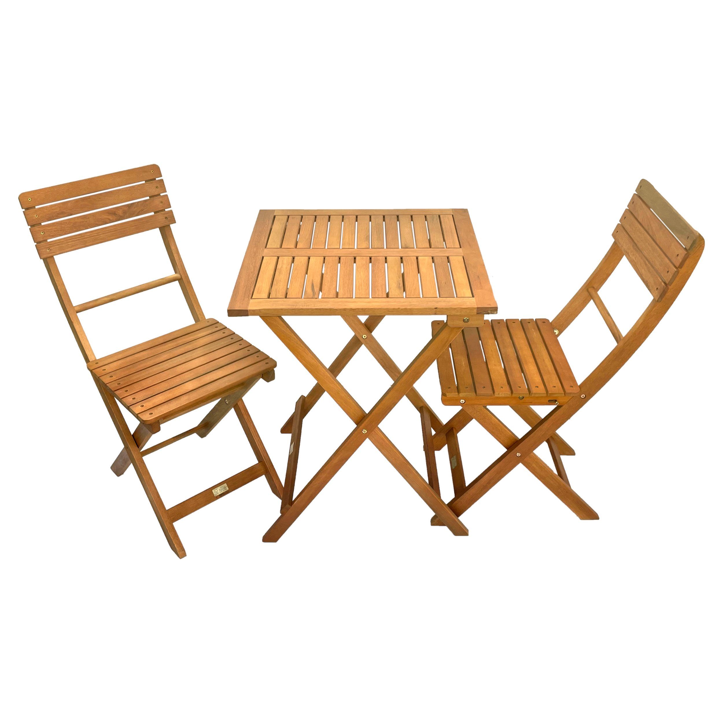 kamelshopping Balkonset Gartenmöbel aus Eukalyptus-Holz, 3-teliges Balkonmöbel-Set (2 Stühle & 1 Tisch), klappbar, Massivholz, naturgeölt, wetterfest, fertig montiert
