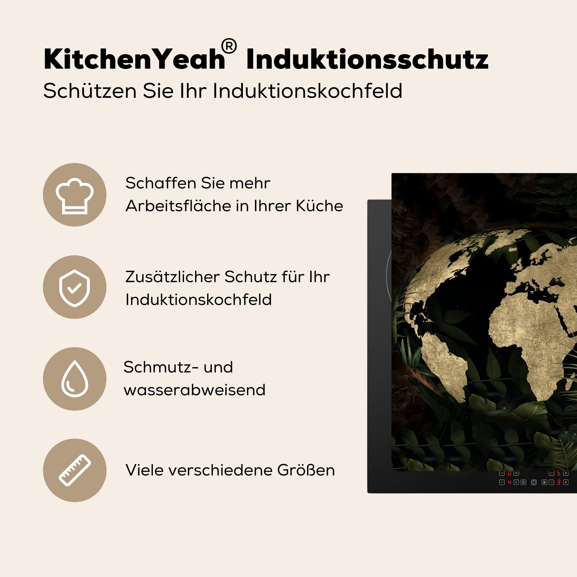 - Vinyl, tlg), Herdblende-/Abdeckplatte MuchoWow 78x78 Globus, Weltkarte für (1 cm, küche - Arbeitsplatte Vintage Ceranfeldabdeckung,