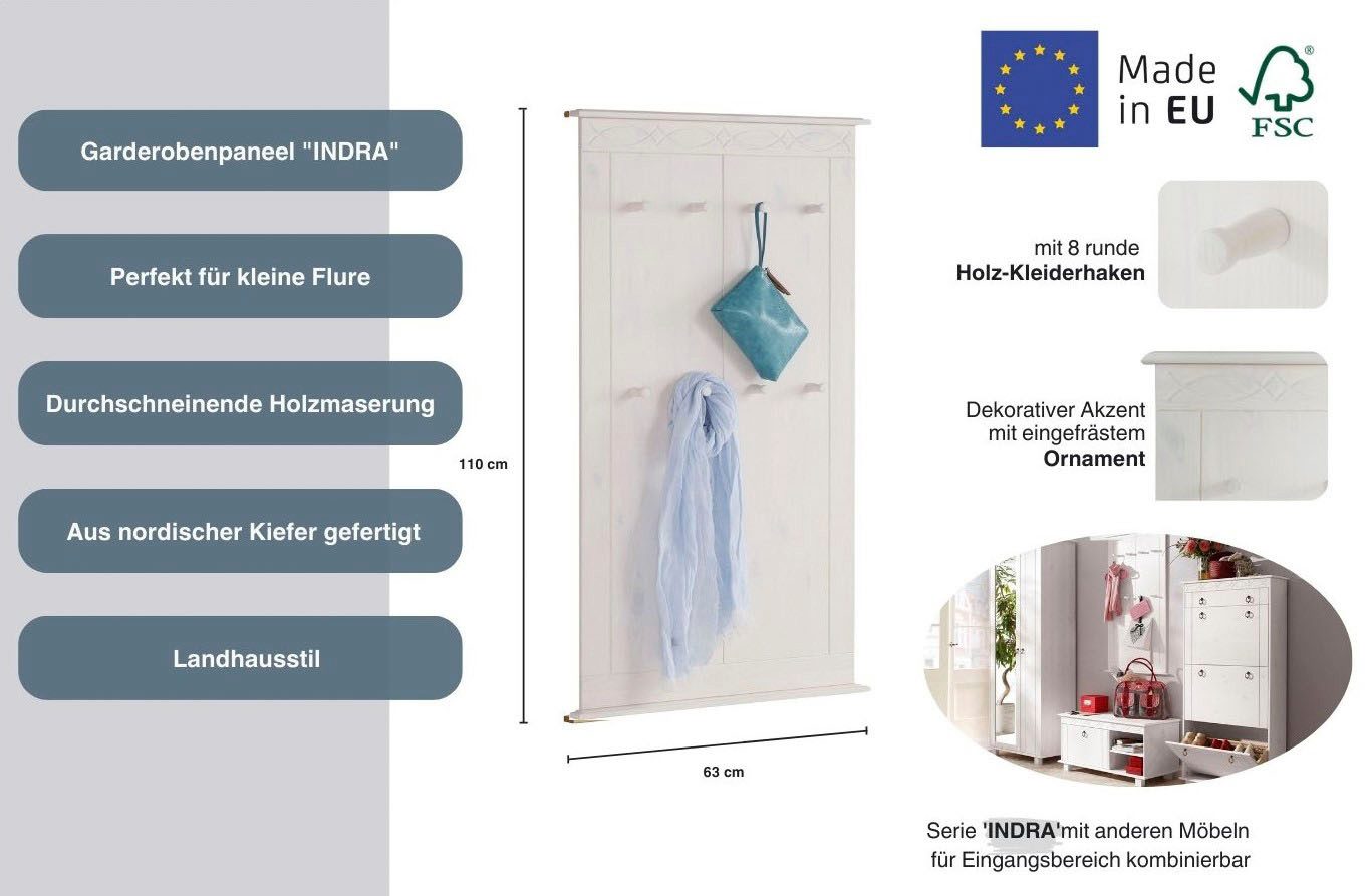 OTTO home Garderobenpaneel Indra (B/T/H: 63/6/100 cm), aus massiver Kiefer, FSC®, 8 Haken, dezentes Ornament