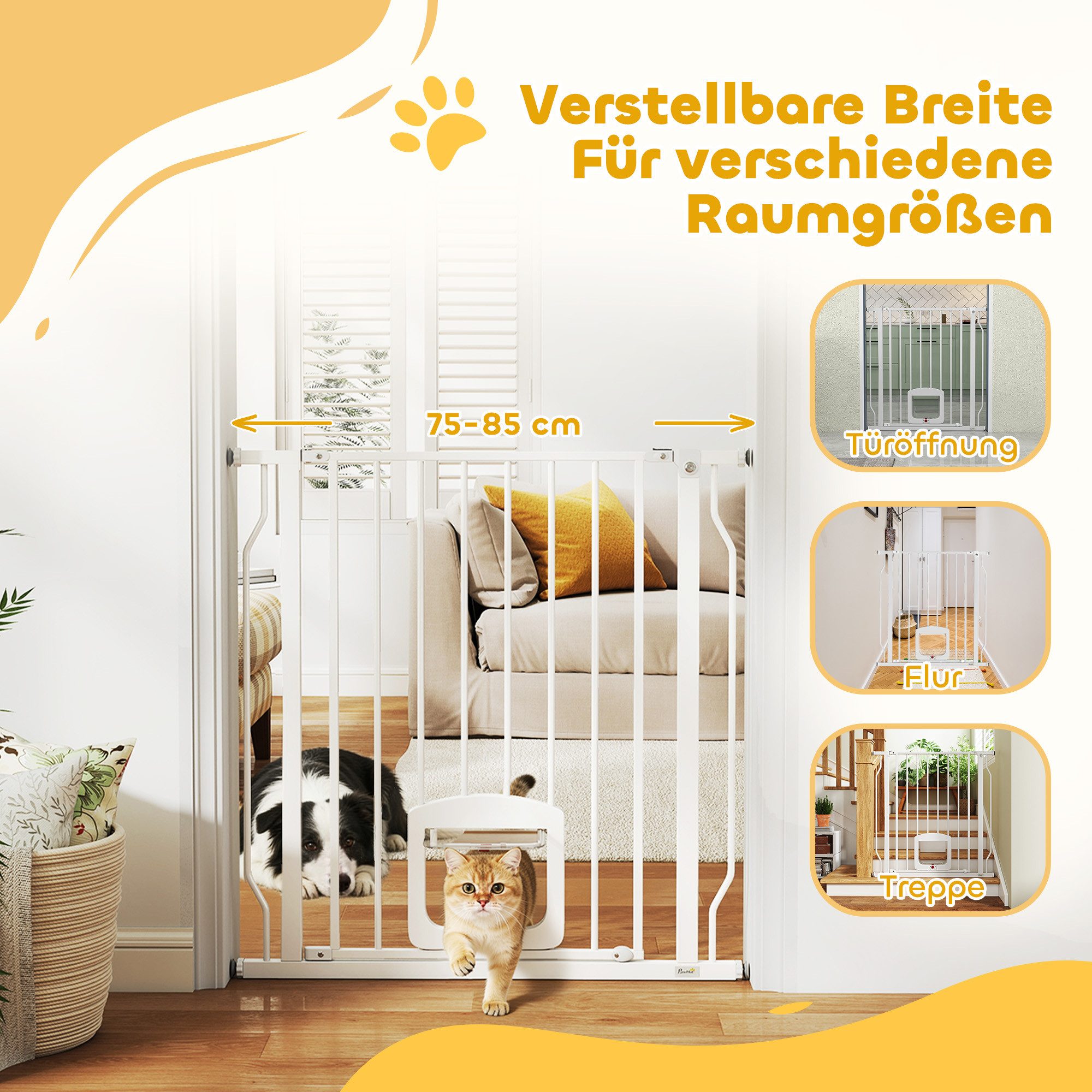 PawHut Hundegitter Treppenschutzgitter mit Katzenklappe ohne Bohren Schutzgitter (Absperrgitter, 1 St., Türschutzgitter), für Tür, Treeppe, Weiß – Bild 4 von 5