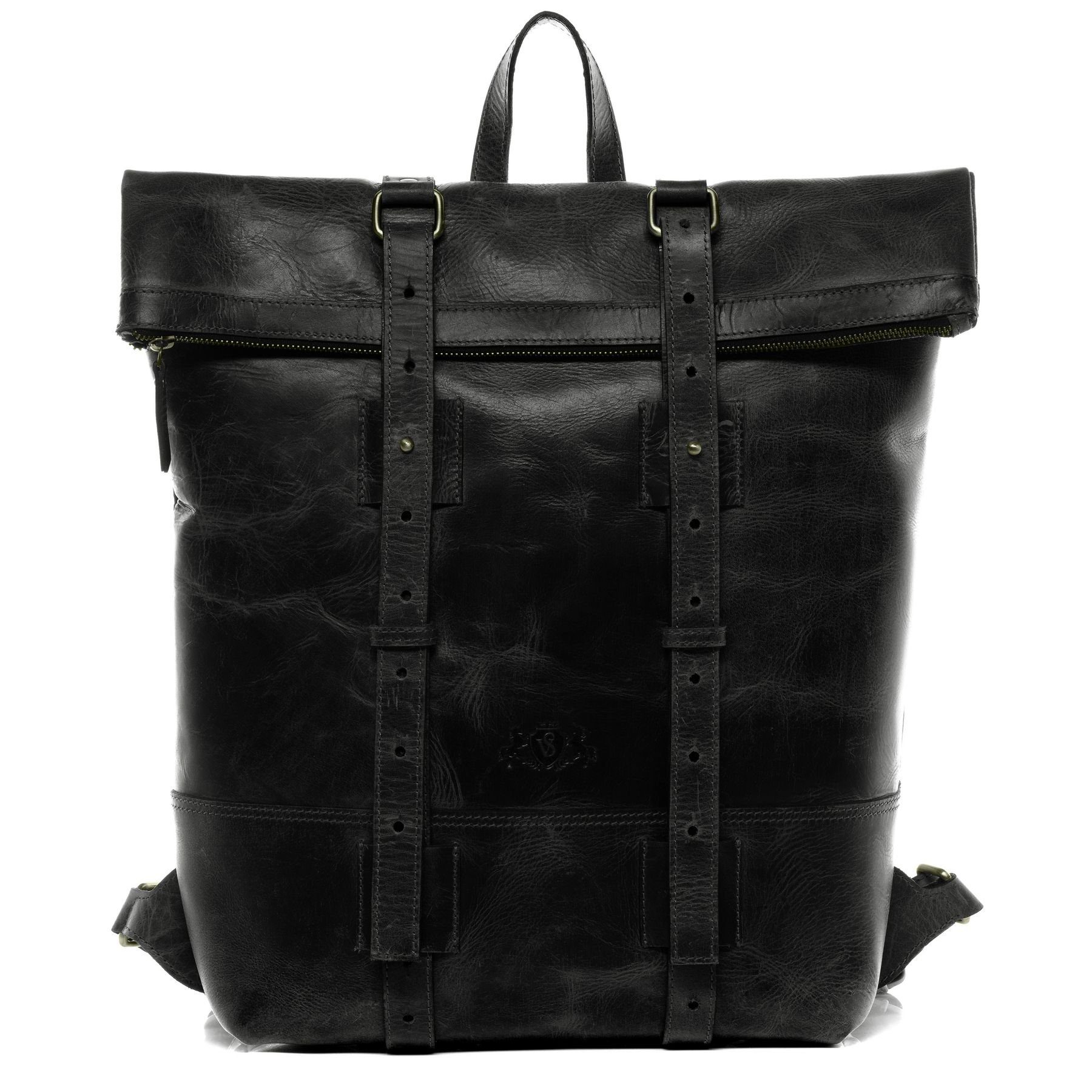 SID & VAIN Rucksack echt Leder Rucksack groß 15 Zoll Laptop Fach schwarz, Tagesrucksack Roll-Top Echtleder Damen Herren Vintage-schwarz