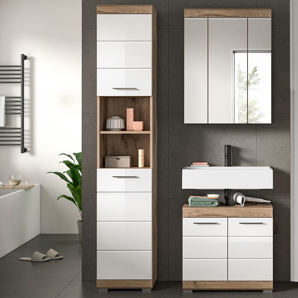 Lomadox Badmöbel-Set SIROCO-158, (Spar-Set, 3-St., Hochschrank Spiegelschrank Waschbeckenunterschrank), in Eiche dunkel mit weiß Hochglanz