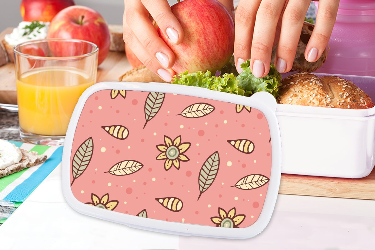 MuchoWow Lunchbox Muster - Kinder für Kinder, Jungs - und Mädchen und - Blumen Blätter Kunststoff, Mädchen Kinder Erwachsene, (2-tlg), - für Brotdose, - weiß Brotbox