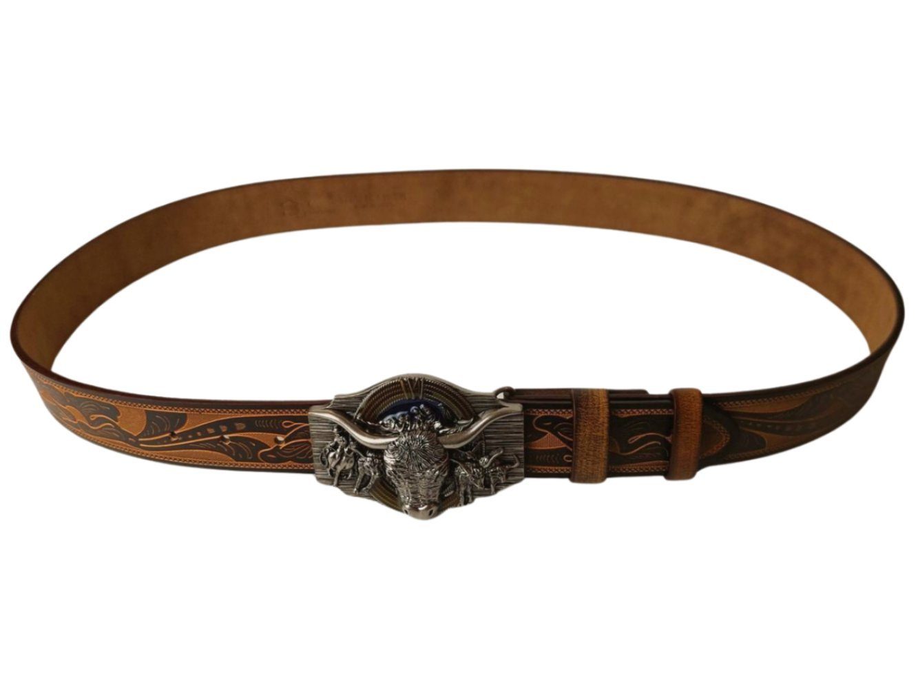 Ware aus aller Welt Ledergürtel Wild West Wechselgürtel Western Gürtel mit Longhorn Gürtelschnalle