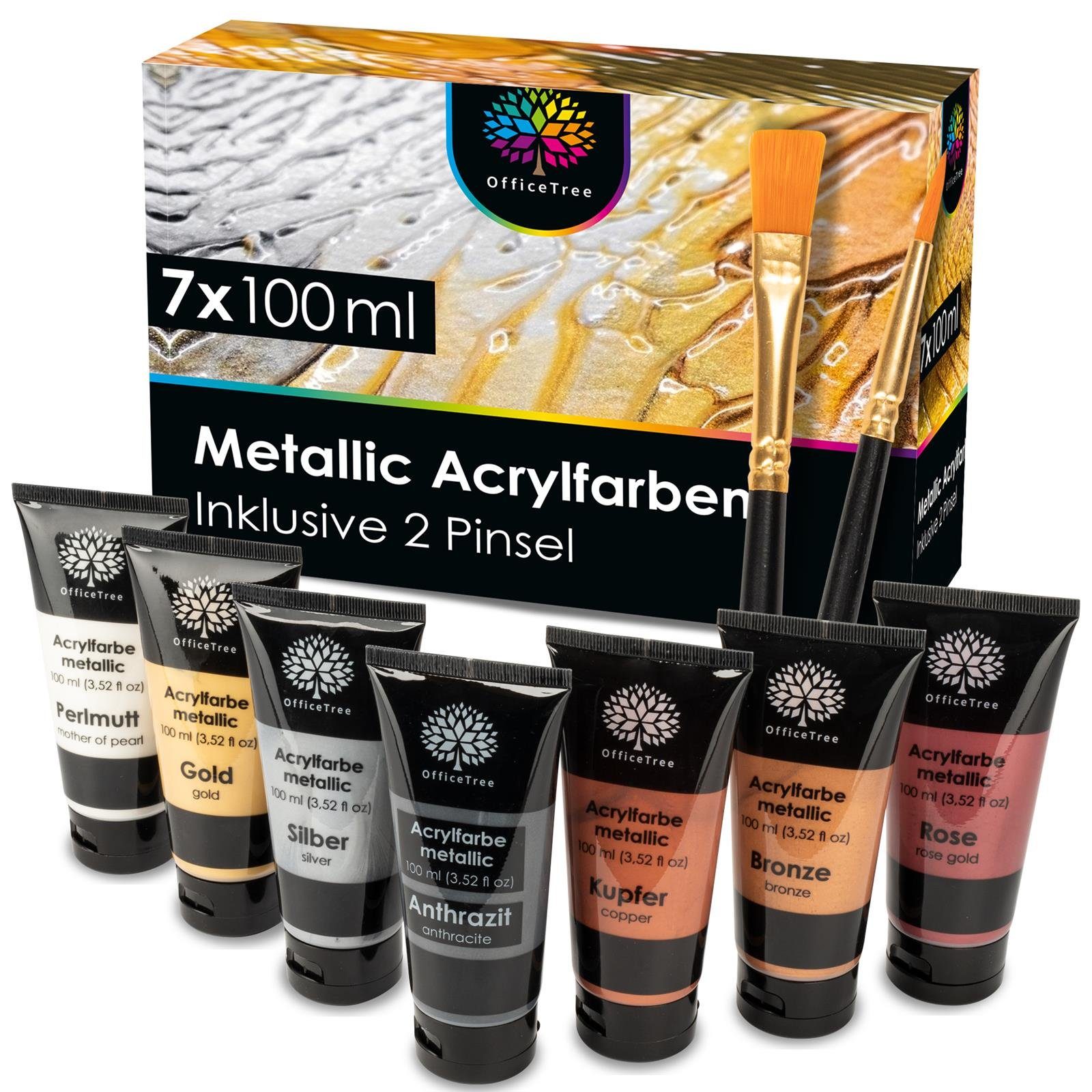 OfficeTree Kreativset OfficeTree Metallic Acrylfarben 7 Stück 100ml, (7er Set), Set auf Wasserbasis