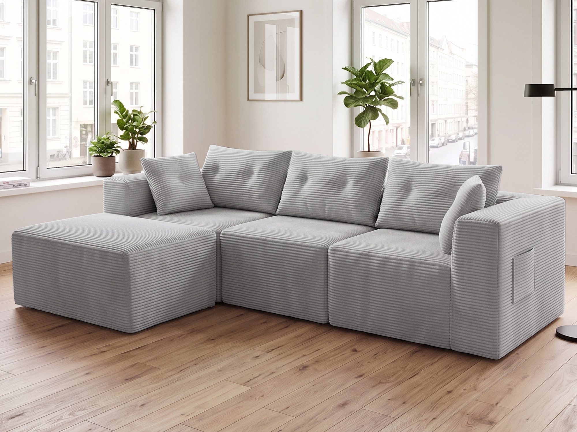 GLP Sofa Ecksofa aus Cord mit Taschenfederkern, 254 cm, 70 cm Sitztiefe, 3-Sitzer mit Hocker und 5 Kissen, 4 flexibel kombinierbare Module, kein Aufbau erforderlich, kompakt für Wohnzimmer, Schlafzimmer