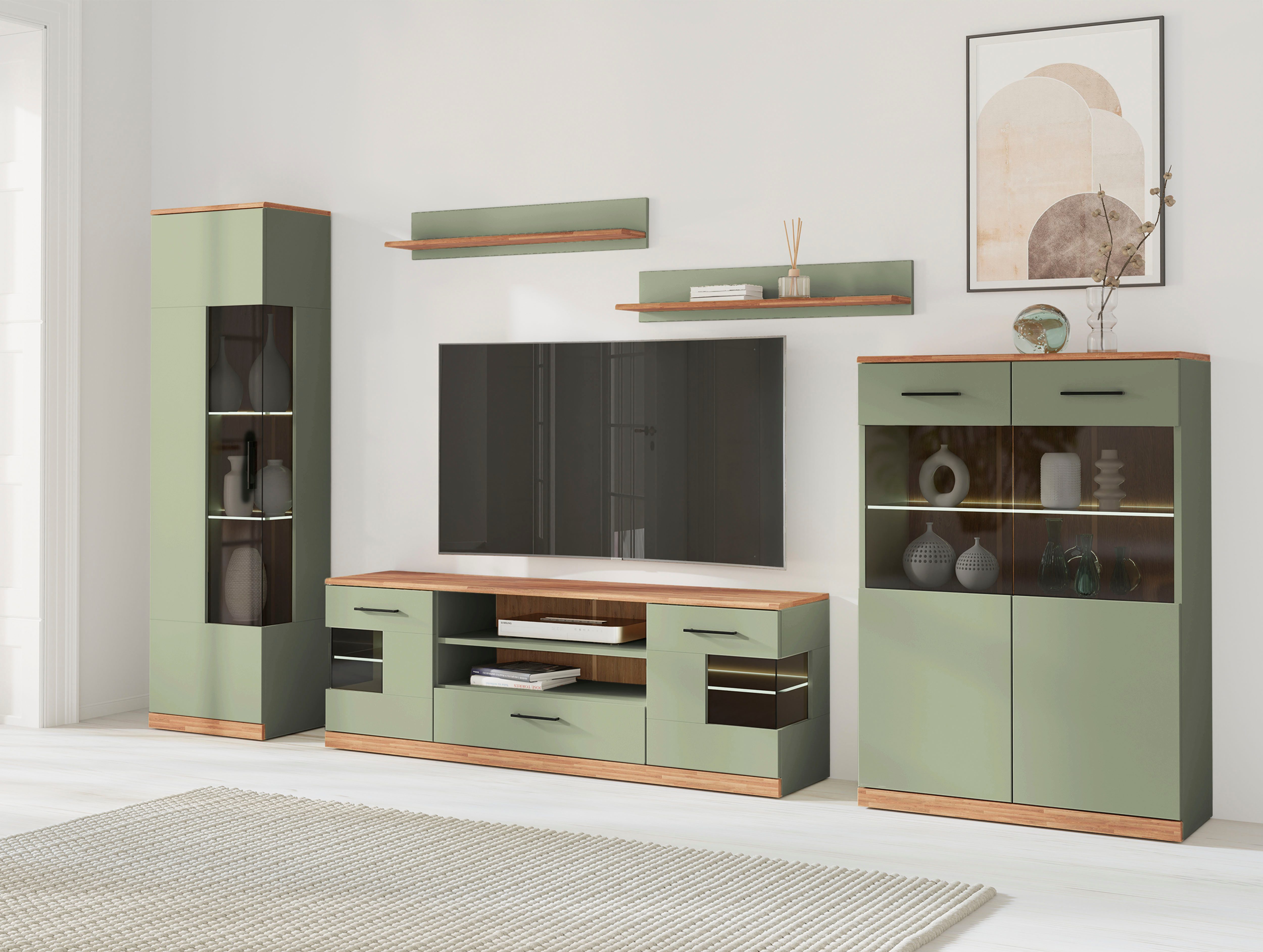 OTTO home Wohnwand Ribe,Set-5 St.,Oberplatten Eiche massiv,viel Stauraum, (5-St), Glaseinsatz aus gehärtetem Glas,Böden teilweise versetzbar