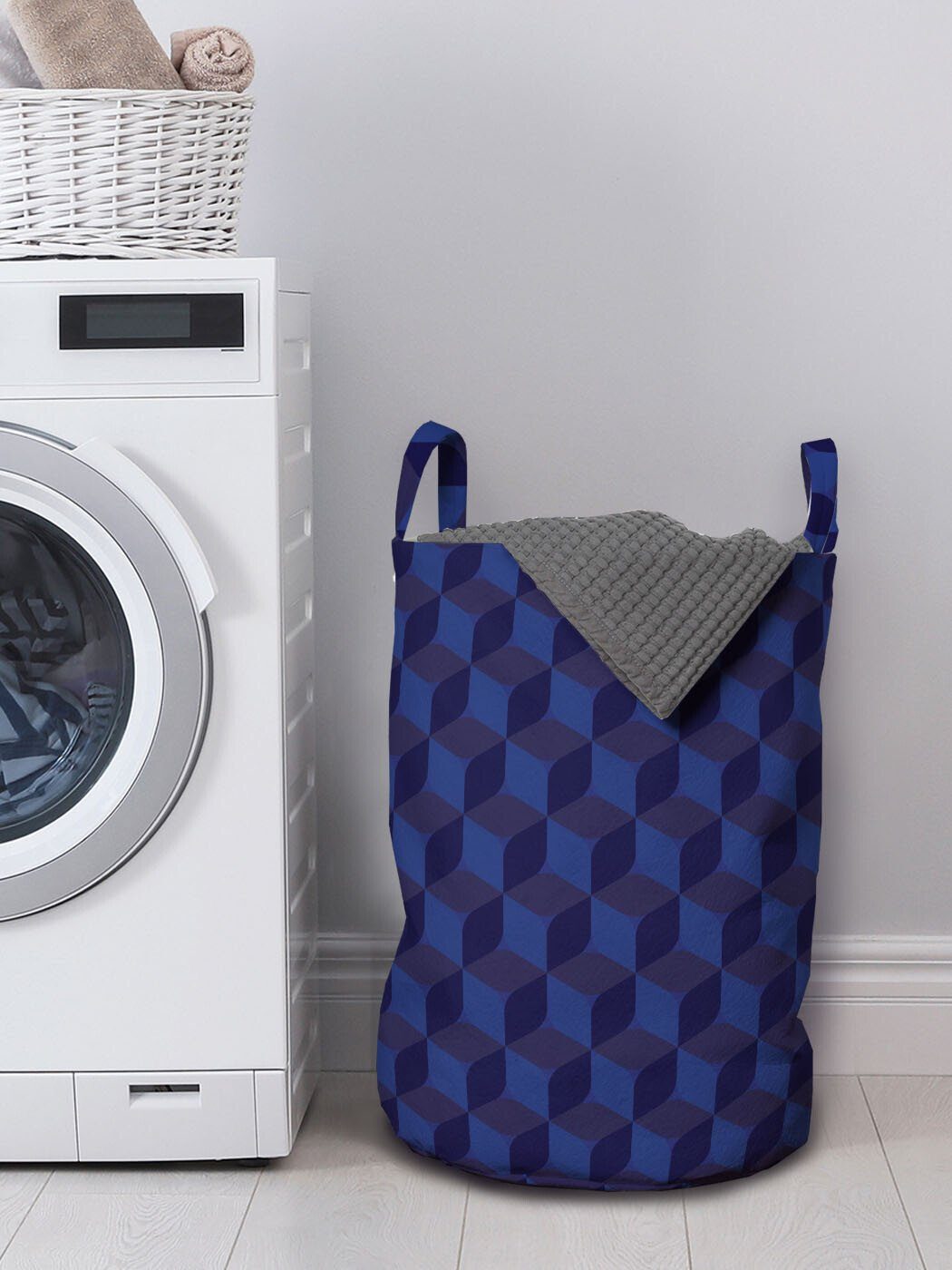 Abakuhaus Wäschesäckchen Wäschekorb mit Griffen Dunkelblau Cubes Indigo Waschsalons, Farbe 3D für Kordelzugverschluss