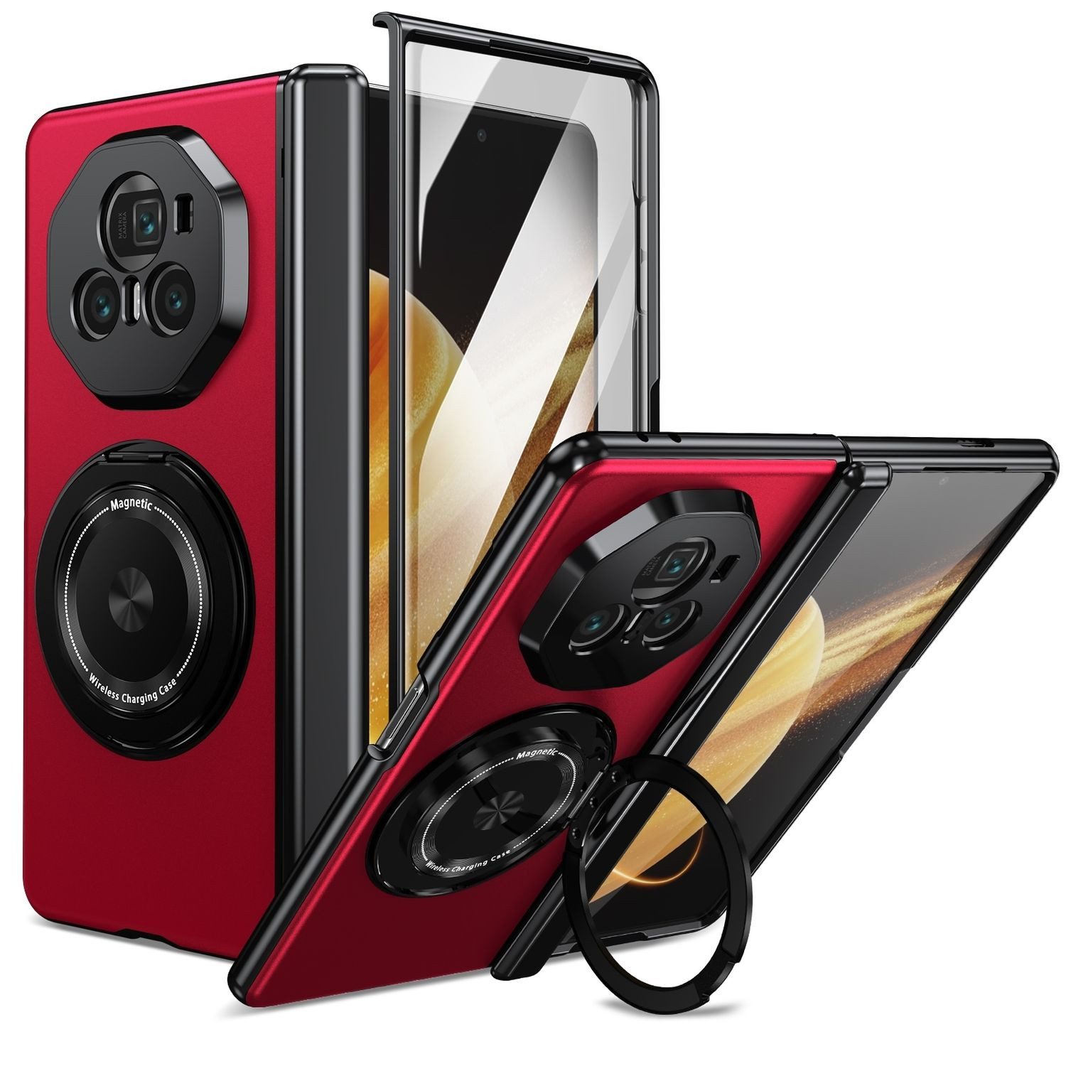 Wigento Handyhülle Für Honor Magic V3 Faltbare Schutz Hülle 360 Grad Magnet Ring Case Rot, Falthülle mit 360 Grad Ringhalterung und Magnethalter