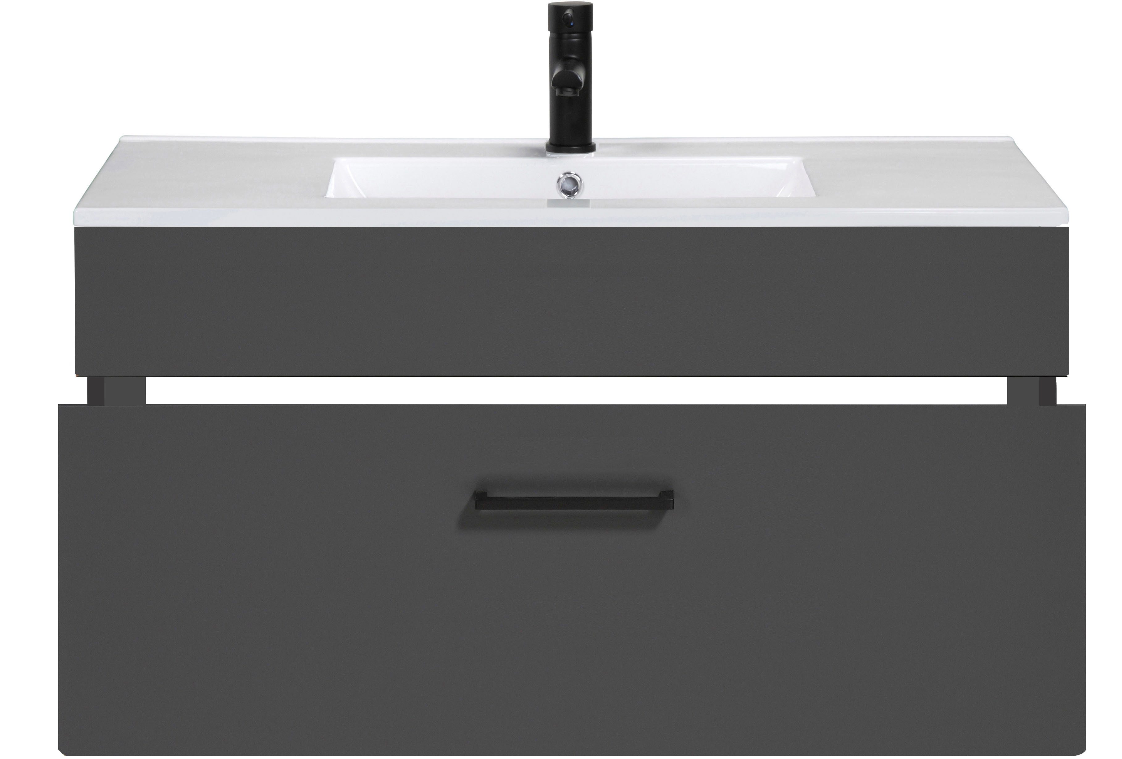 welltime Waschtisch Trento Light mit Keramik-Auflagebecken, 1 feste Blende und 1 Auszug, Breite: 81cm, Anthrazit Matt