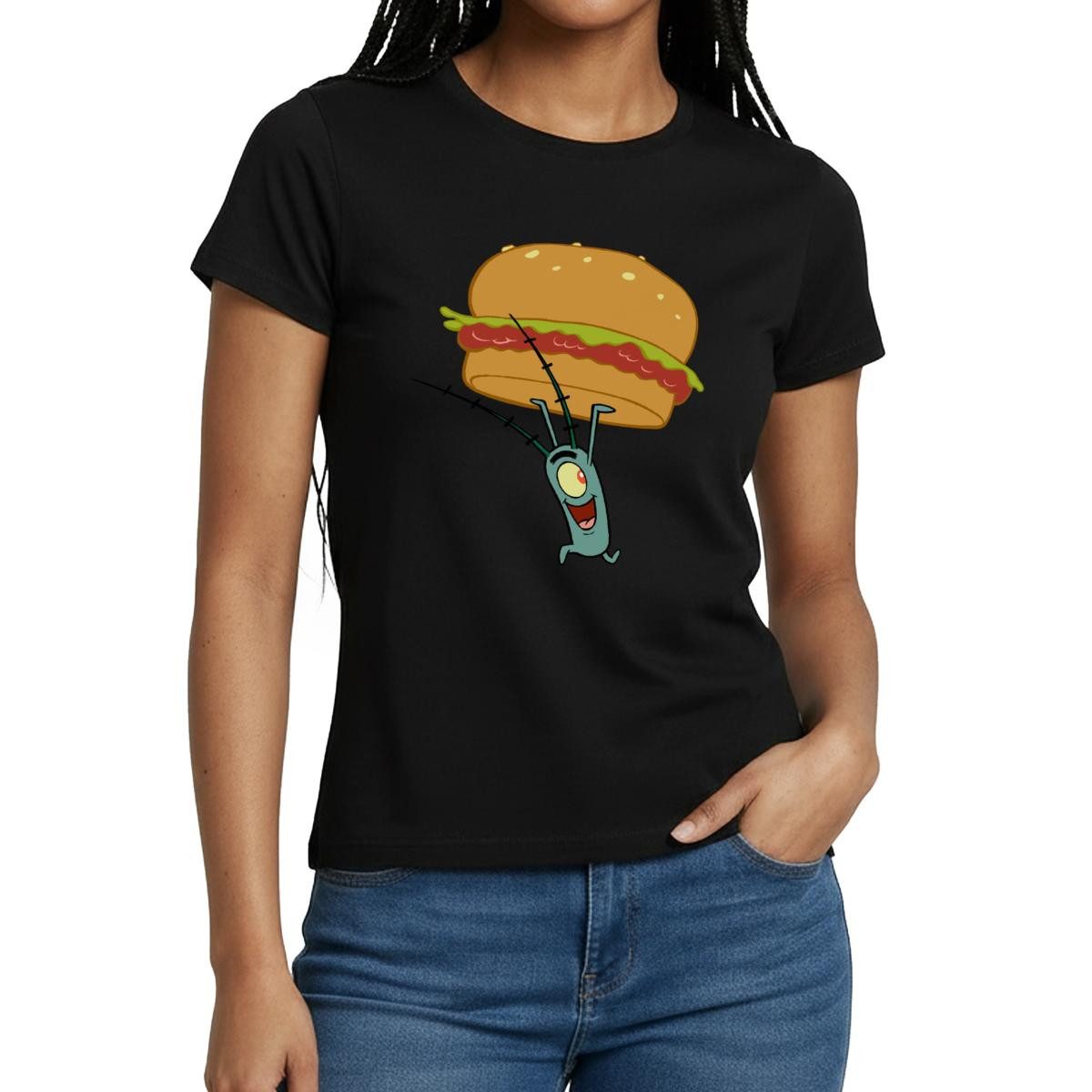 T-Shirt Spongebob Schwammkopf Plankton Mit Hamburger Frauen T-Shirt