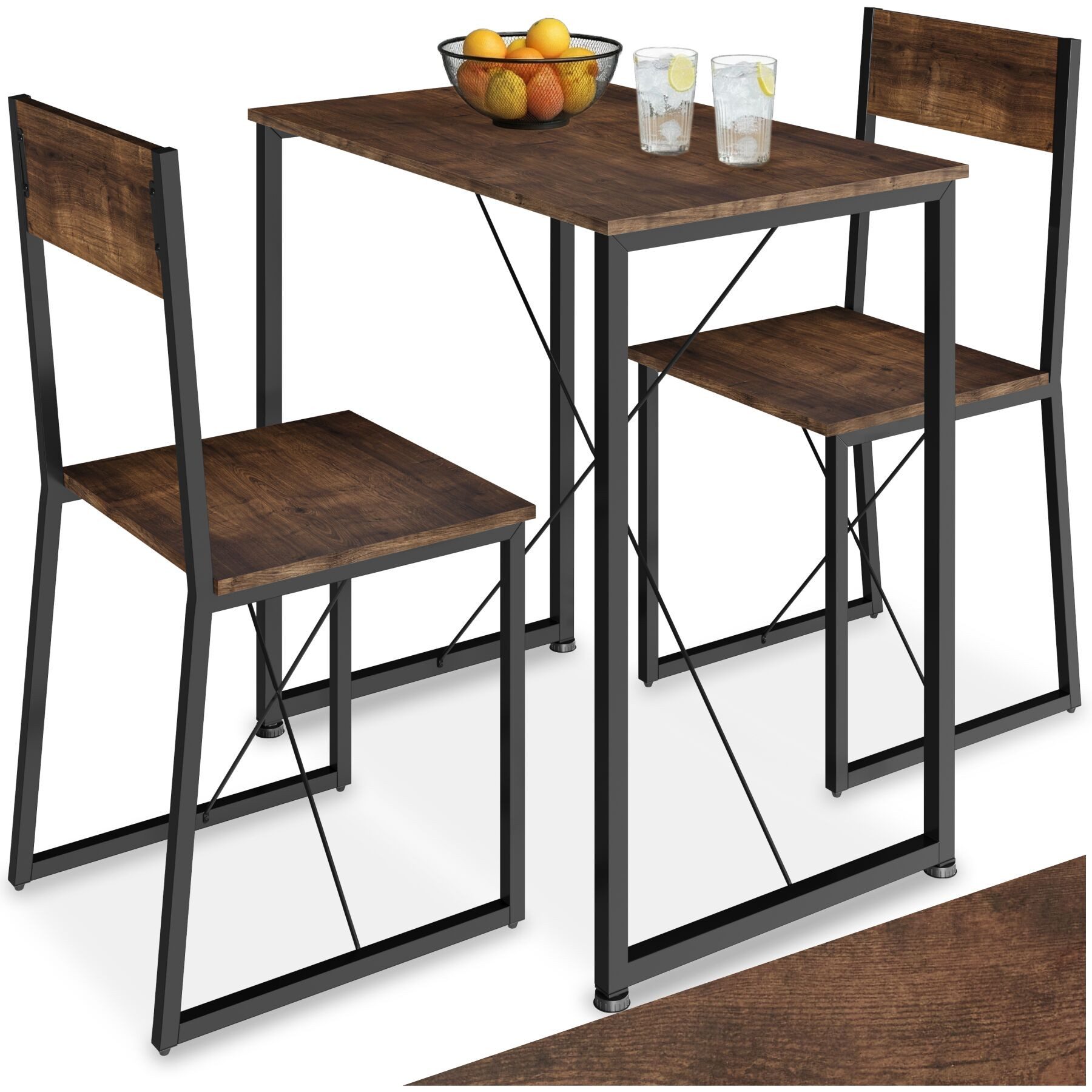 tectake Sitzgruppe Essgruppe 3-teilig, mit höhenverstellbaren Kunststofffüßen, (Loungeset Margate, 3-tlg., in Industrial Holz dunkel, rustikal), Esstisch mit 2 Stühlen, Industrial Style, Holz und Stahl