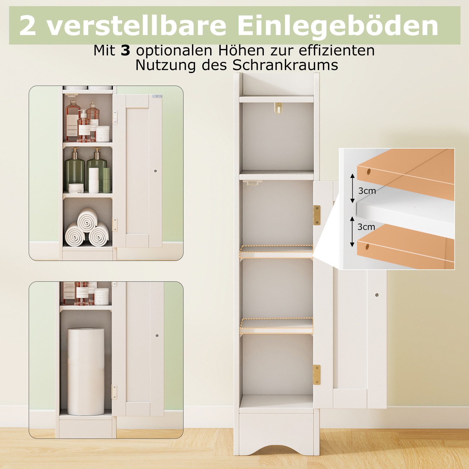 COSTWAY Badkommode, Badezimmerschrank schmal mit verstellbaren Ablagen, weiß