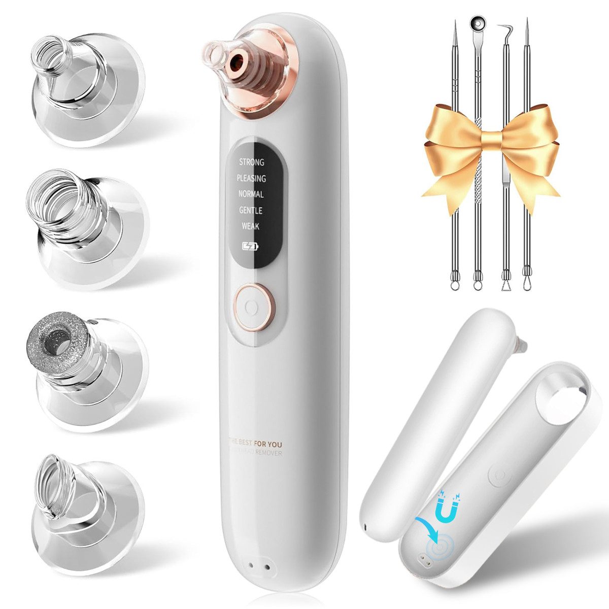 FOSMET Porenreiniger Vakuum Porenreiniger–Pickelsauger 4 Aufsätzen für Gesichtsreinigung, Vakuum Beauty Hautpflegegerät mit 5 Saugstufen & LED-Anzeige