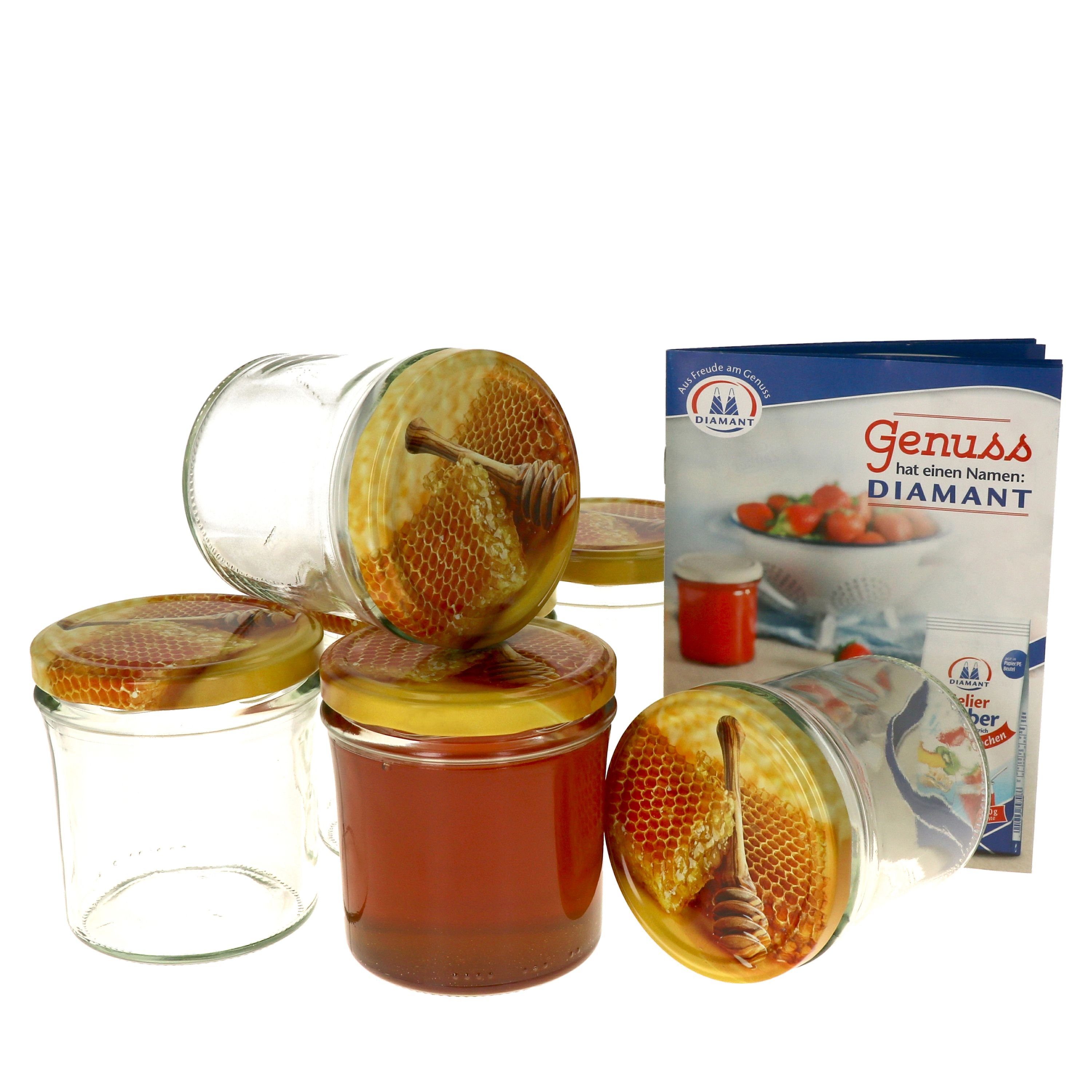 6er MamboCat Sturzglas Carino incl. 350 ml Honigwabe Deckel Rezeptheft, Glas Set mit Einmachglas