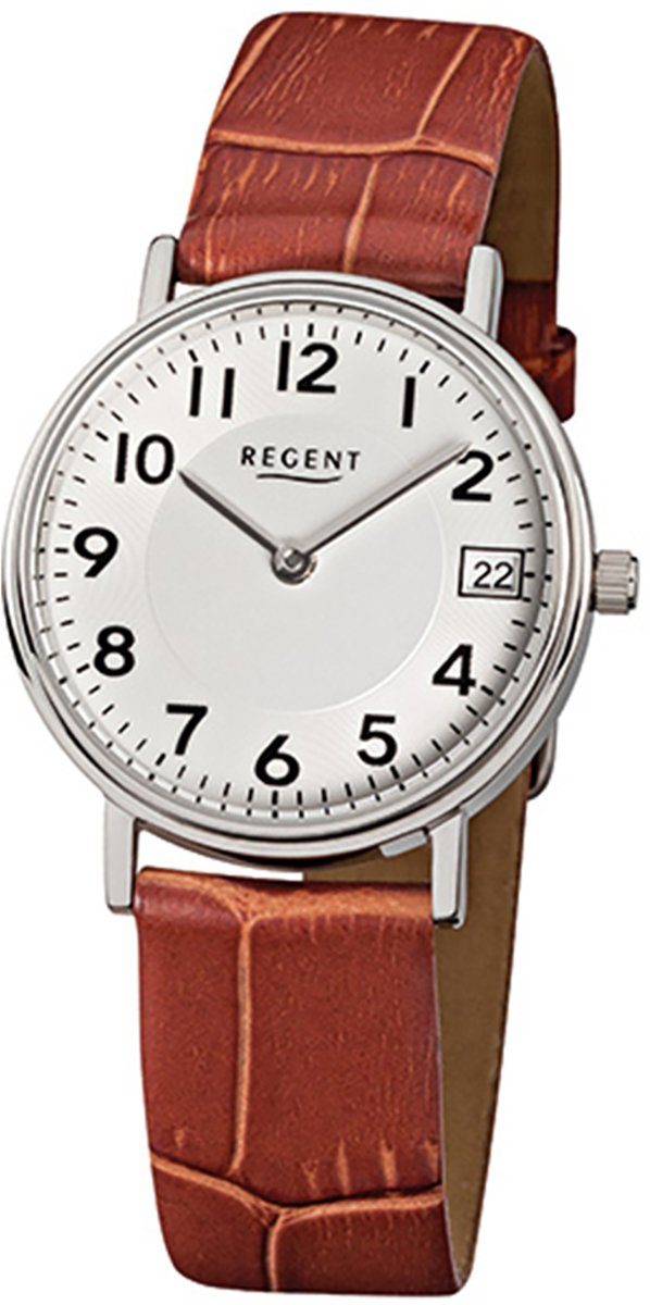 klein F-329, (ca. Armbanduhr 28mm), Damen-Armbanduhr rund, Quarzuhr Damen Analog Regent braun Lederarmband Regent
