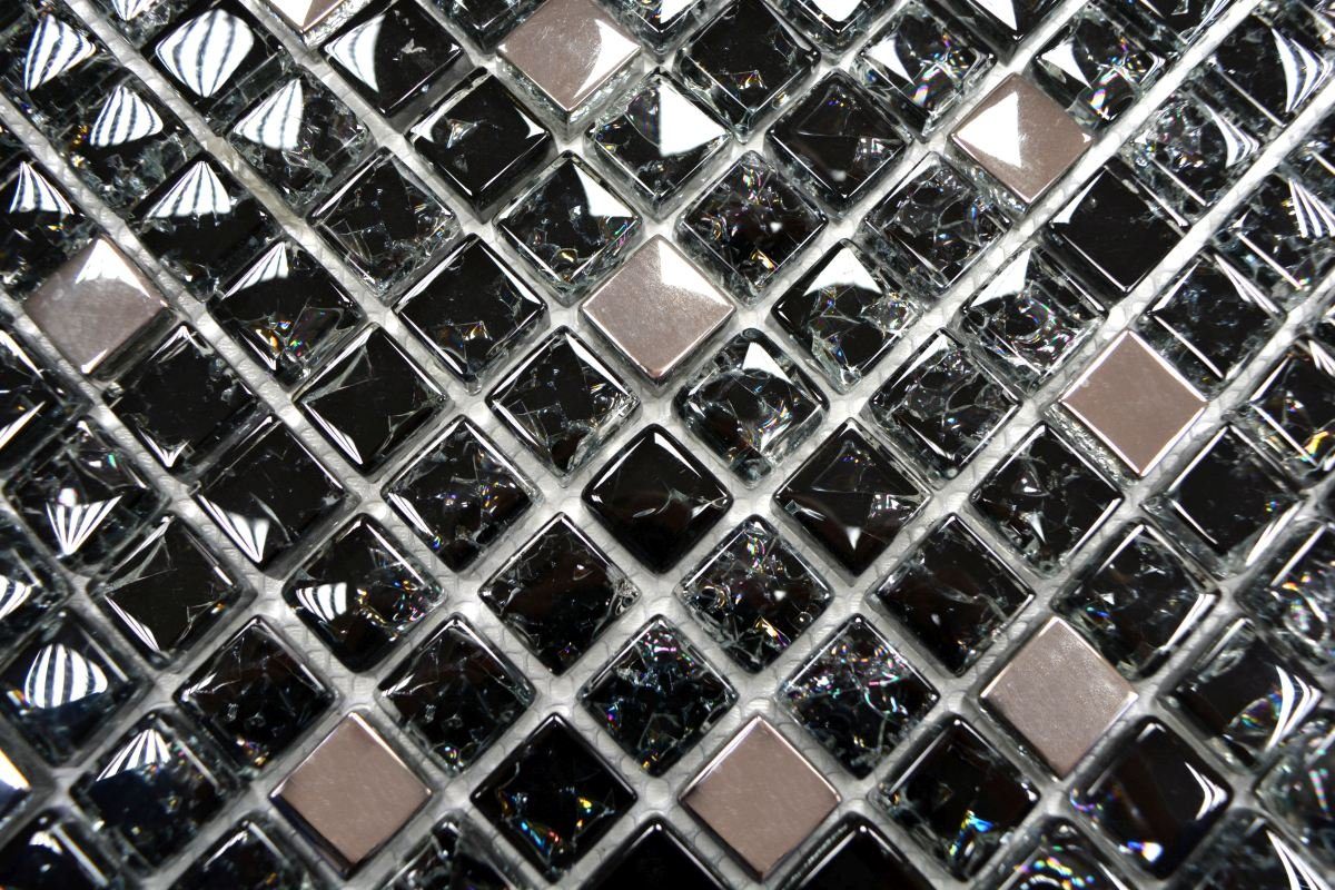 Mosani Mosaikfliesen Glasmosaik Crystal Mosaikfliesen silber schwarz / 10 glänzend Matten