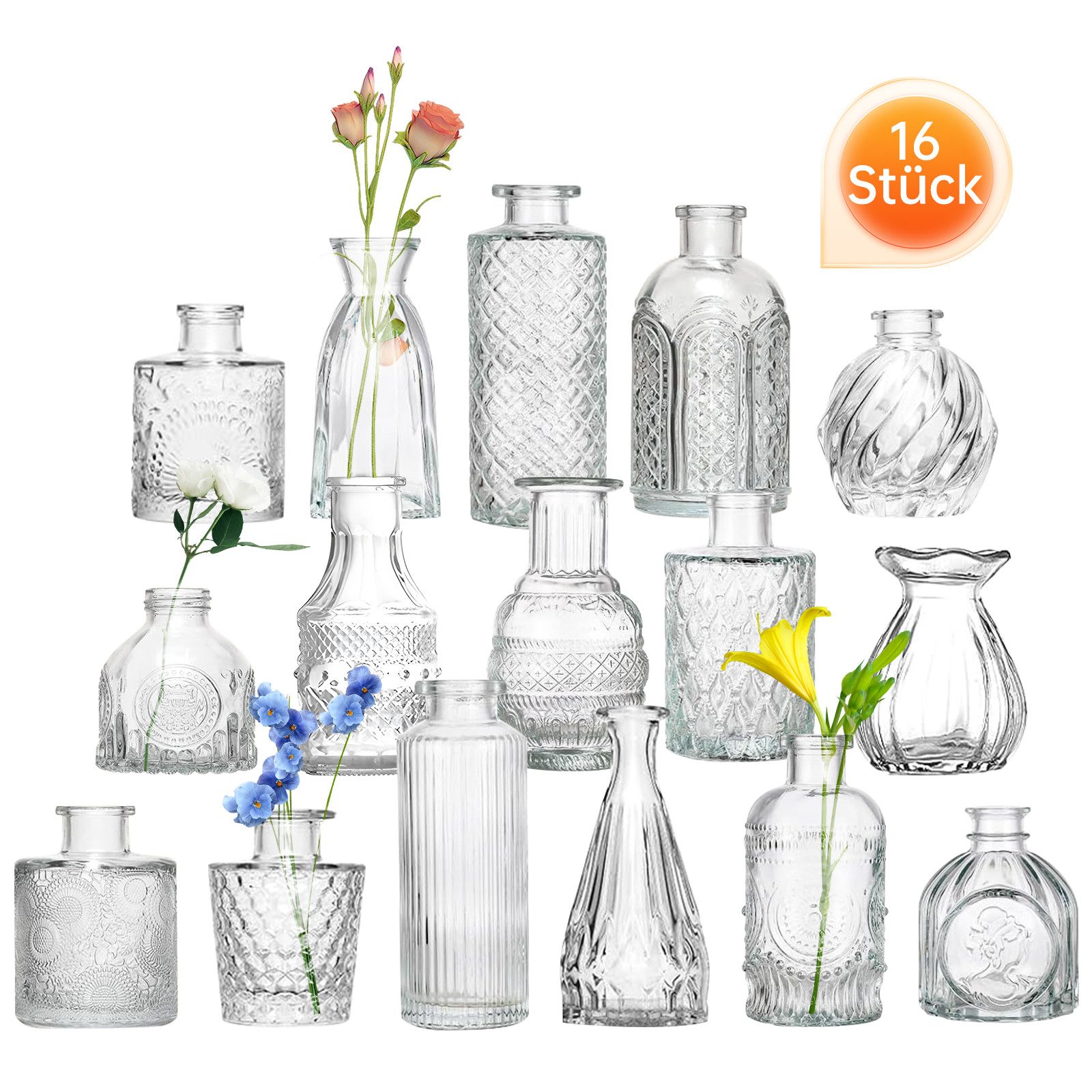 SEHAUSEU Dekovase Vase aus Glas Blumenvase (Set, 16 St) in 16 unterschiedlichen Formen (16 St)