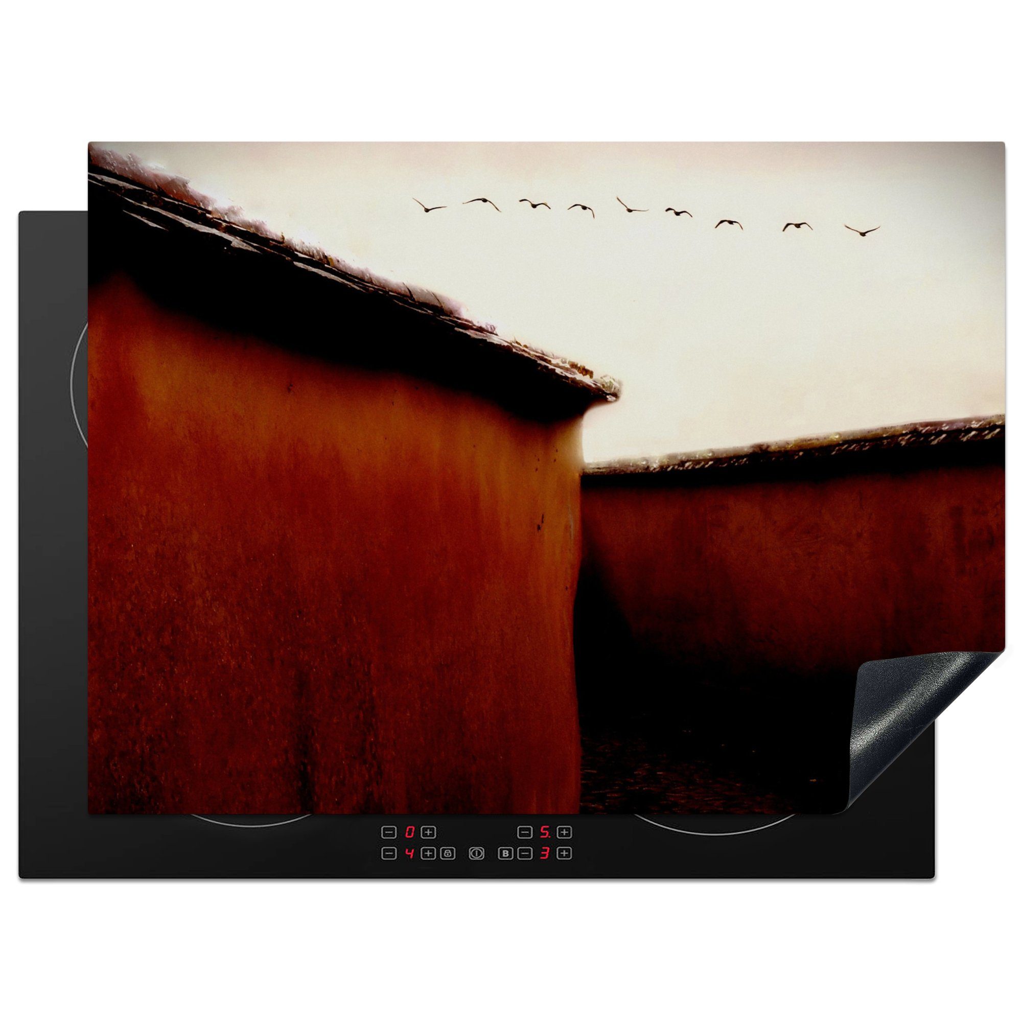 MuchoWow Herdblende-/Abdeckplatte Häuser Vinyl, - tlg), Ceranfeldabdeckung Mobile Vögel 70x52 - (1 Arbeitsfläche nutzbar, Tiere Rot, cm, 