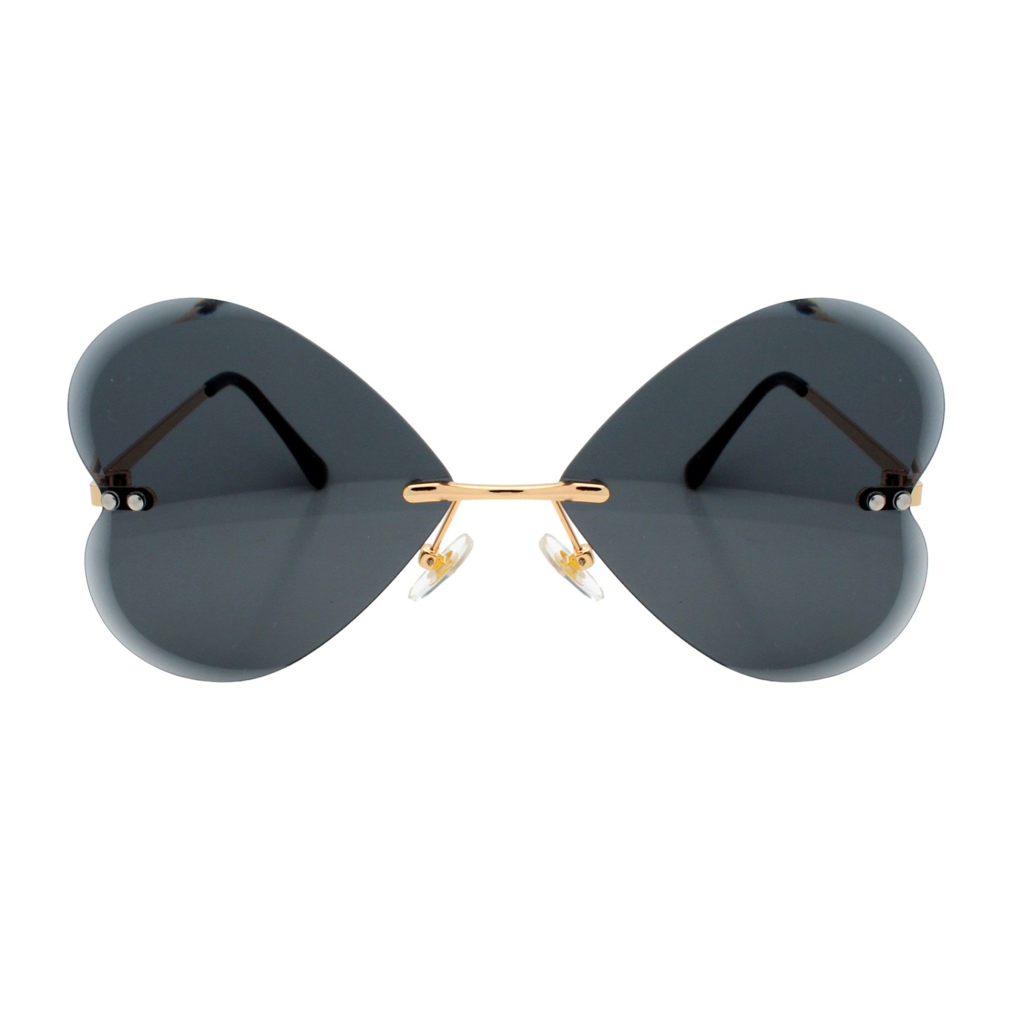 LUXXADA Sonnenbrille (Große Herz Form Festivalbrille Schwarz Gold mit Brillenbeutel) Gläser Schwarz Getönt Herzbrille mit Facettenschliff