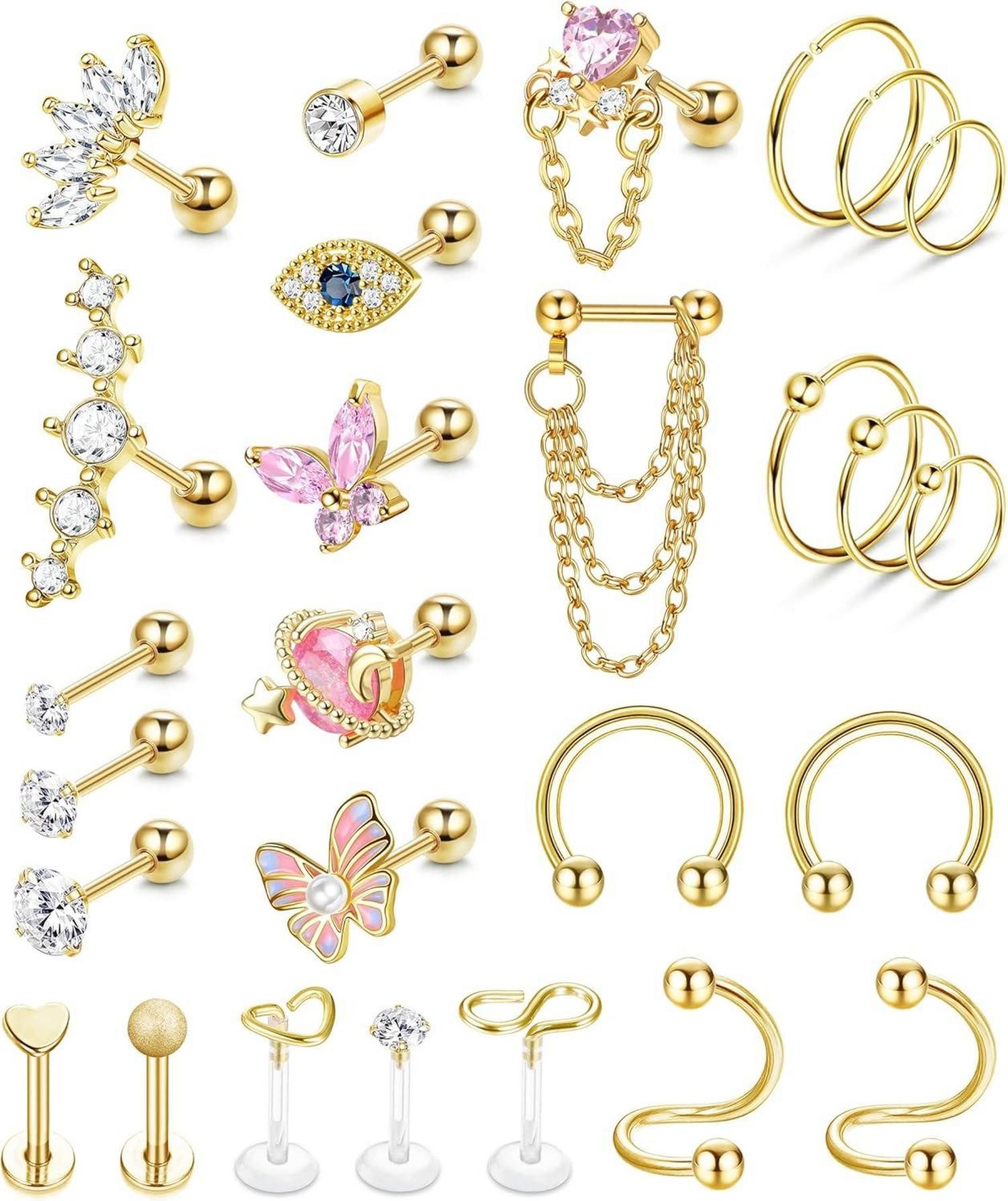 Schmuckset 27 Stück 16G Chirurgenstahl Helix Tragus Piercing Set Zirkonia Gold