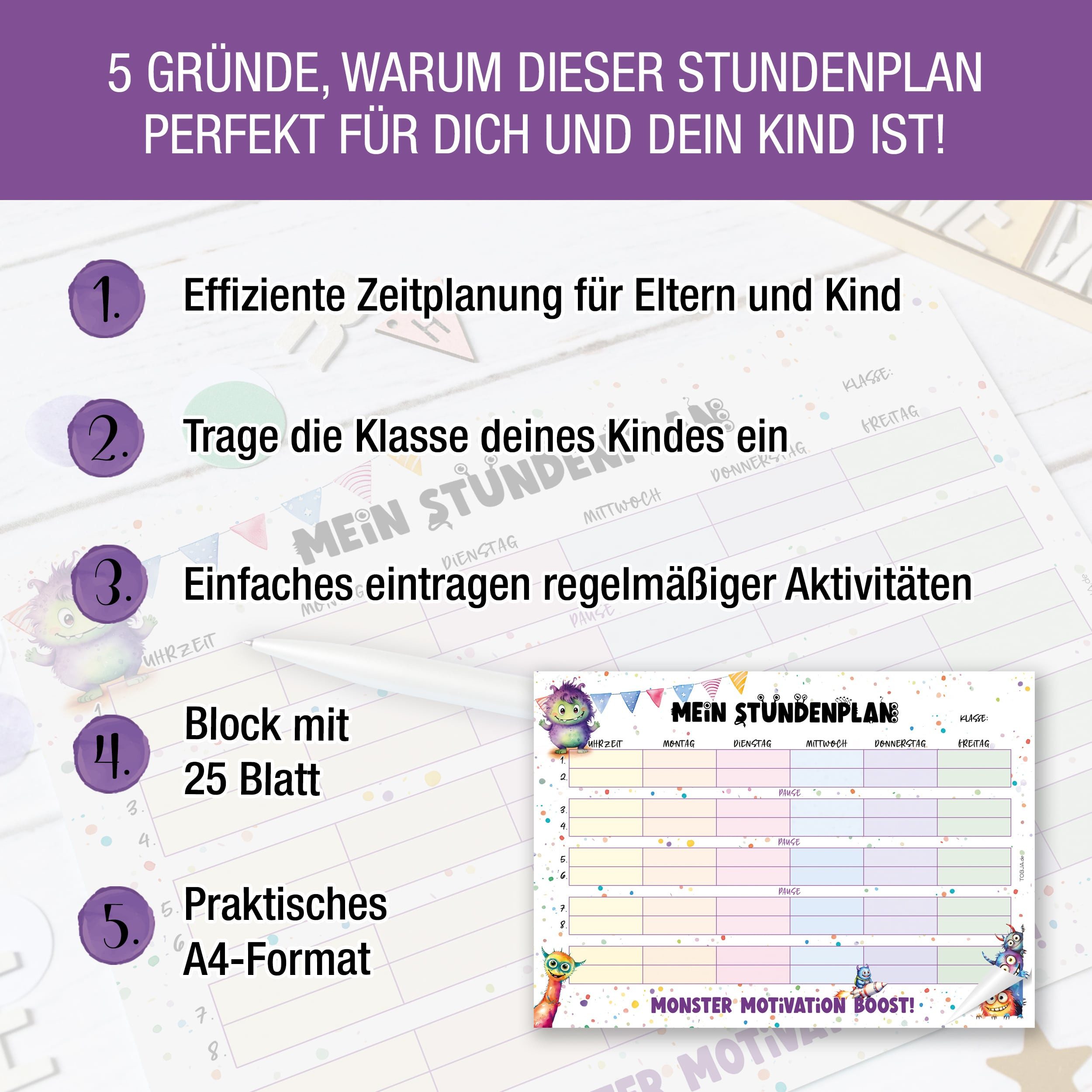 TOBJA Wandkalender Stundenplan Monster- Block 25 Seiten, Stundenplan 1. Klasse, Füllung Schultüte Mädchen