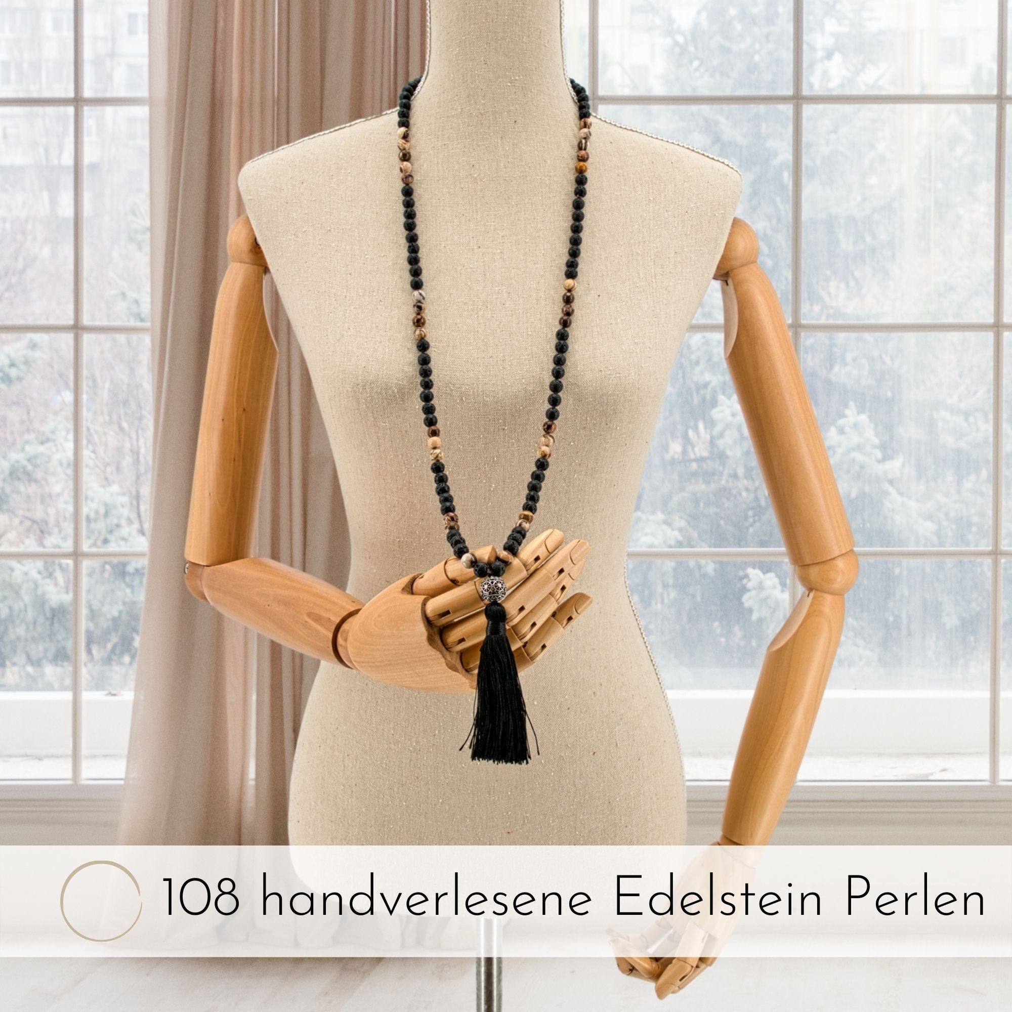 Damen Schmuck BENAVA Perlenkette Mala Kette 108 Perlen - Lava Stein Schwarz, Handgemacht