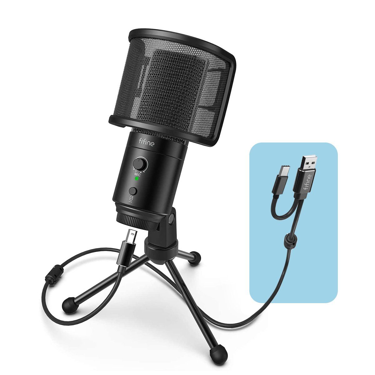 FIFINE Mikrofon »USB Mikrofon Streaming mit Ständer Typ A/C Kondensator Mikrofon  PC PS5«, mit Stummschalter, Popfilter & Kopfhöreranschluss