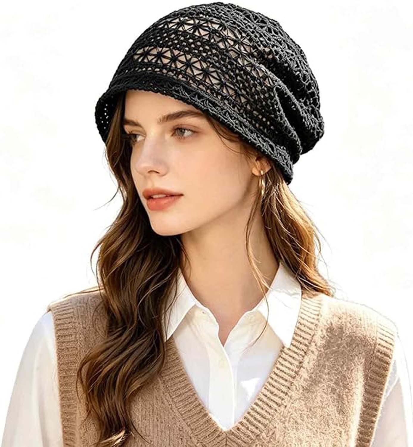 nsihing Beanie Glitzernde Spitzenmütze für Damen, leichte, atmungsaktive Strickmütze