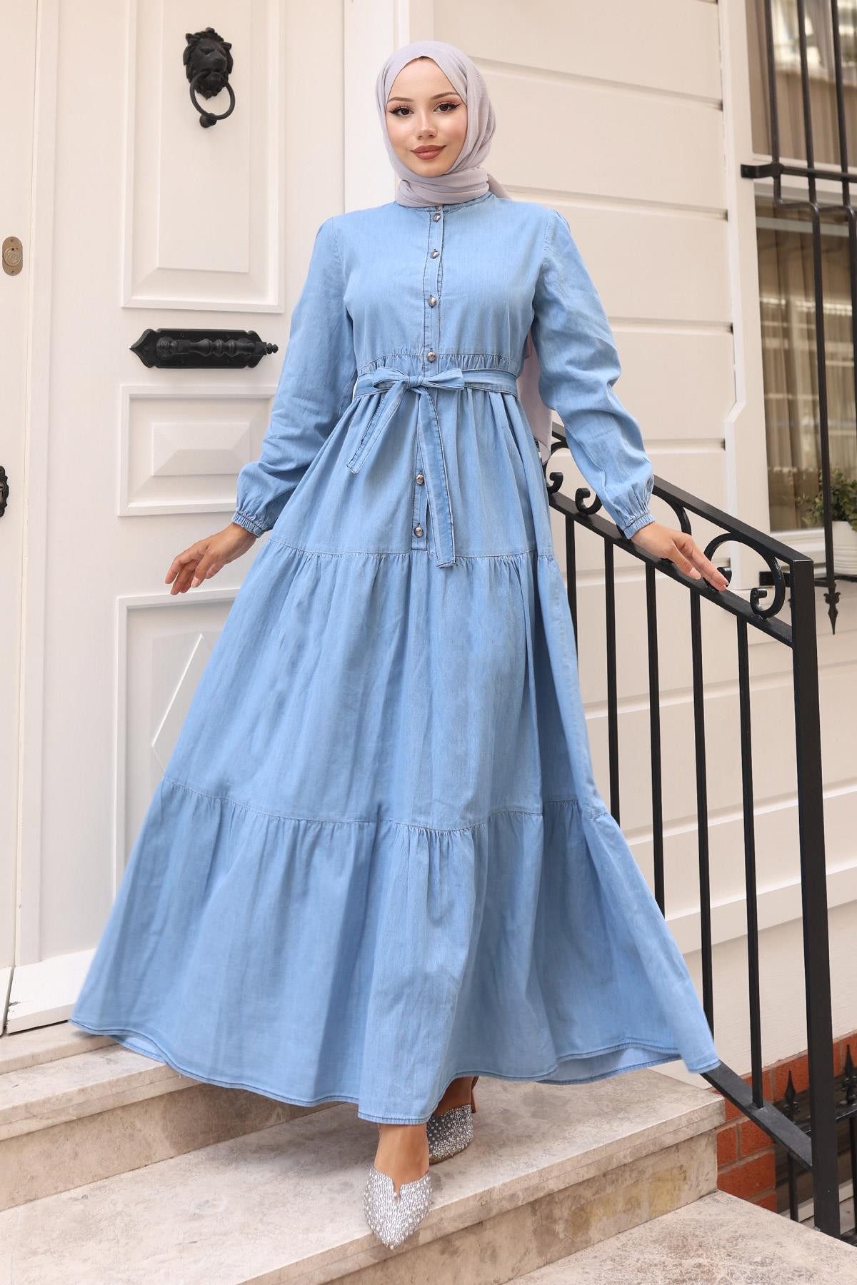 MODAMİHRAM Maxikleid Knopfleinenkleid - Hellblau 19263