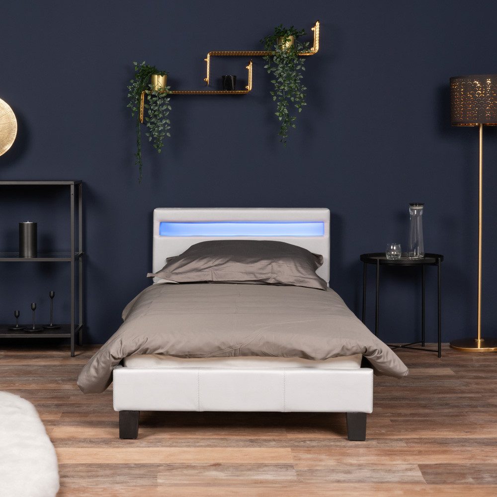 HOME DELUXE Bett ASTRO - 90/140 (inklusive Lattenrost), großes gepolstertes Kopfteil, LED Bett, Jugendbett