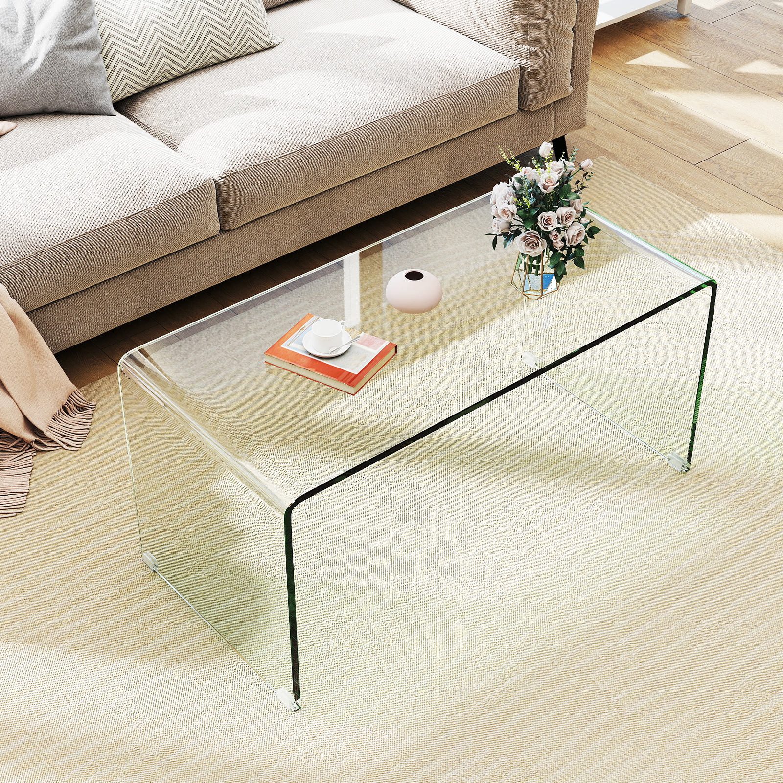 COSTWAY Couchtisch Glastisch U-förmig, Wohnzimmertisch, 108x50x35cm
